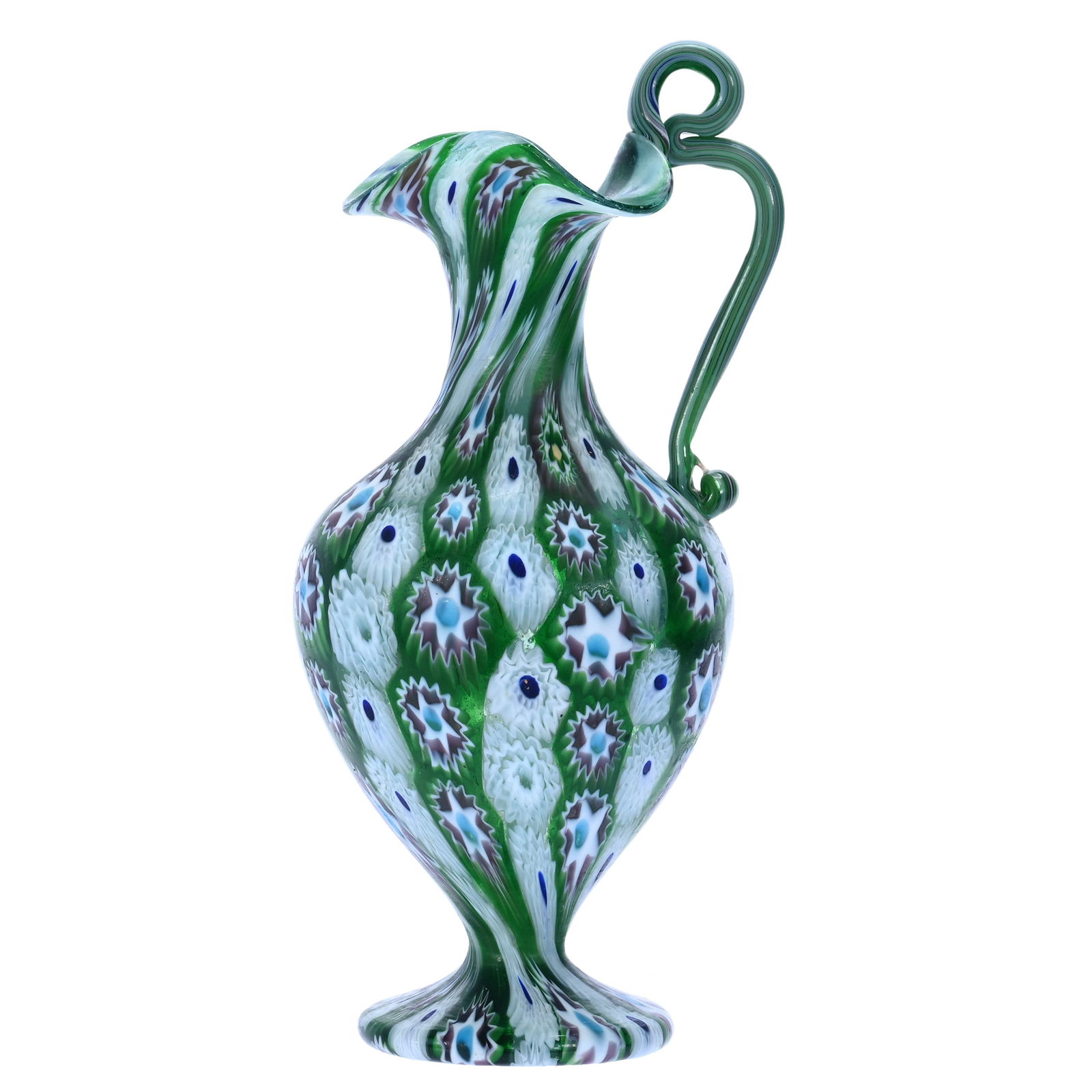Ewer, Millefiori Art Glass, Green And White, Blue And Lavender Highlights: Ewer, Millefiori Art Glass, Green And White, Blue And Lavender Highlights, 8.75 x 3.75 x 3.75 Inches, 0.9 Pounds, Lena Salardino Collection, Colorado.