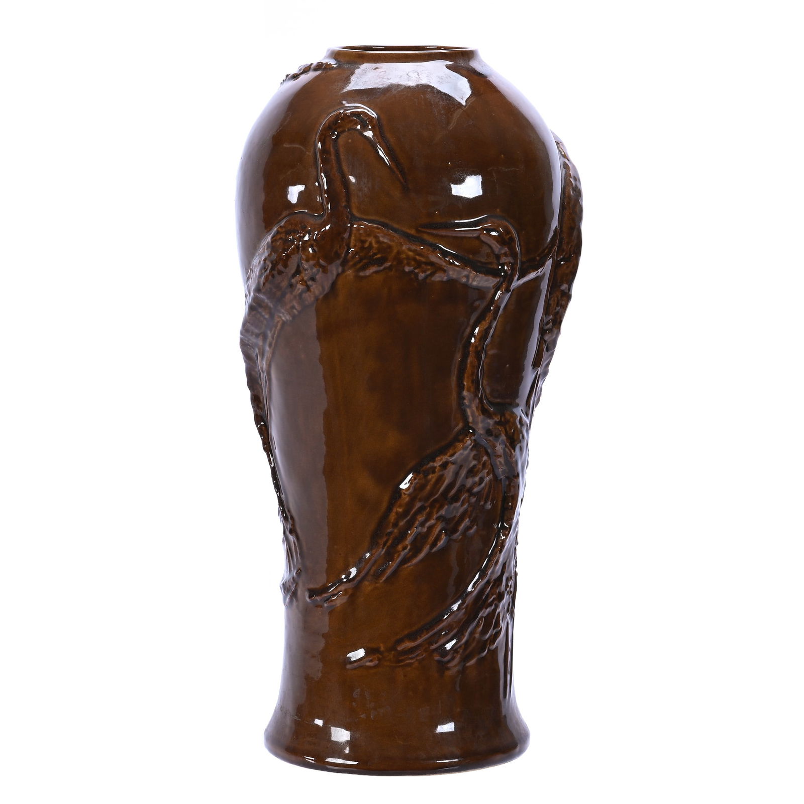 Vase Marked Van Briggle Art Pottery, Embossed Stork Design, Brown Glaze, Dated 1985: Vase Marked Van Briggle Art Pottery, Embossed Stork Design, Brown Glaze, Dated 1985, 17 x 8 x 8 Inches, Nice Example, 6.4 Pounds, Darrell and Sandy Shulte Collection, Kansas.