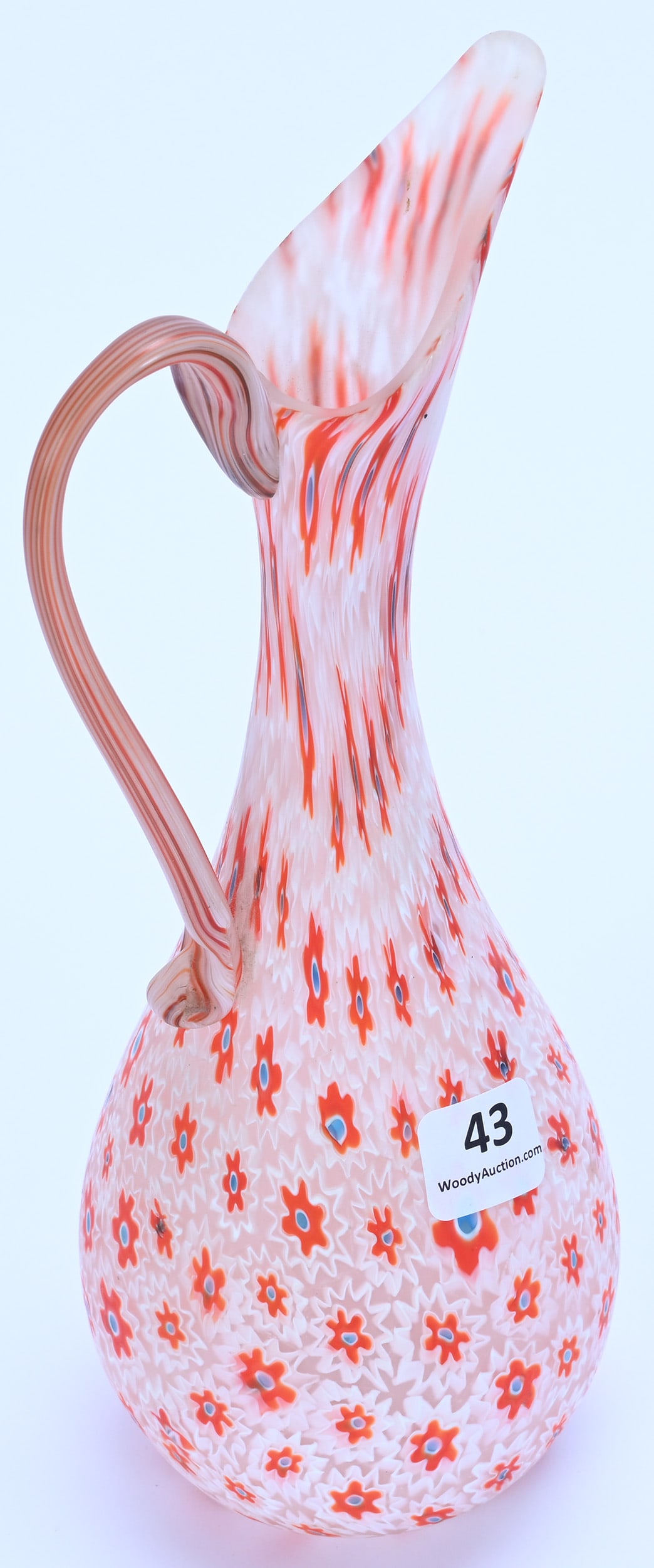 Ewer, Millefiori Art Glass, White And Orange With Blue Center Spot Highlights - 2