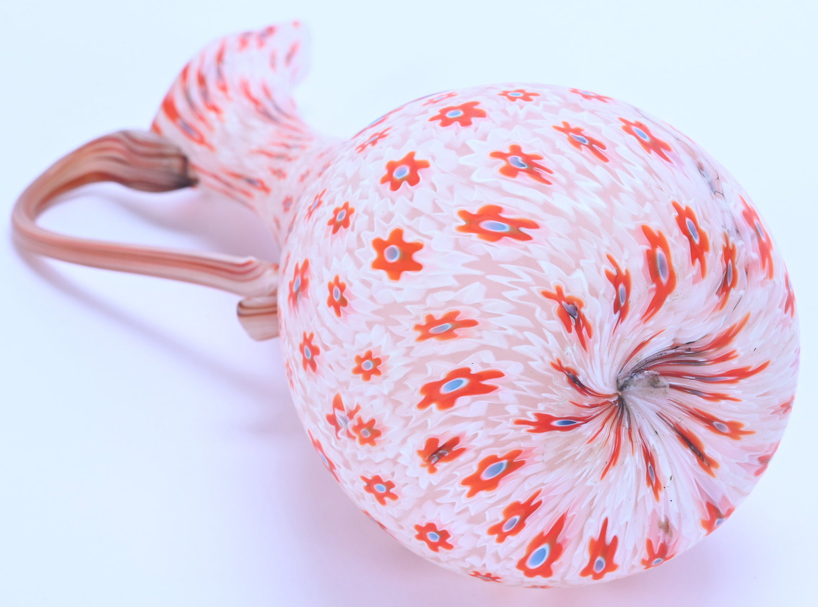 Ewer, Millefiori Art Glass, White And Orange With Blue Center Spot Highlights - 3