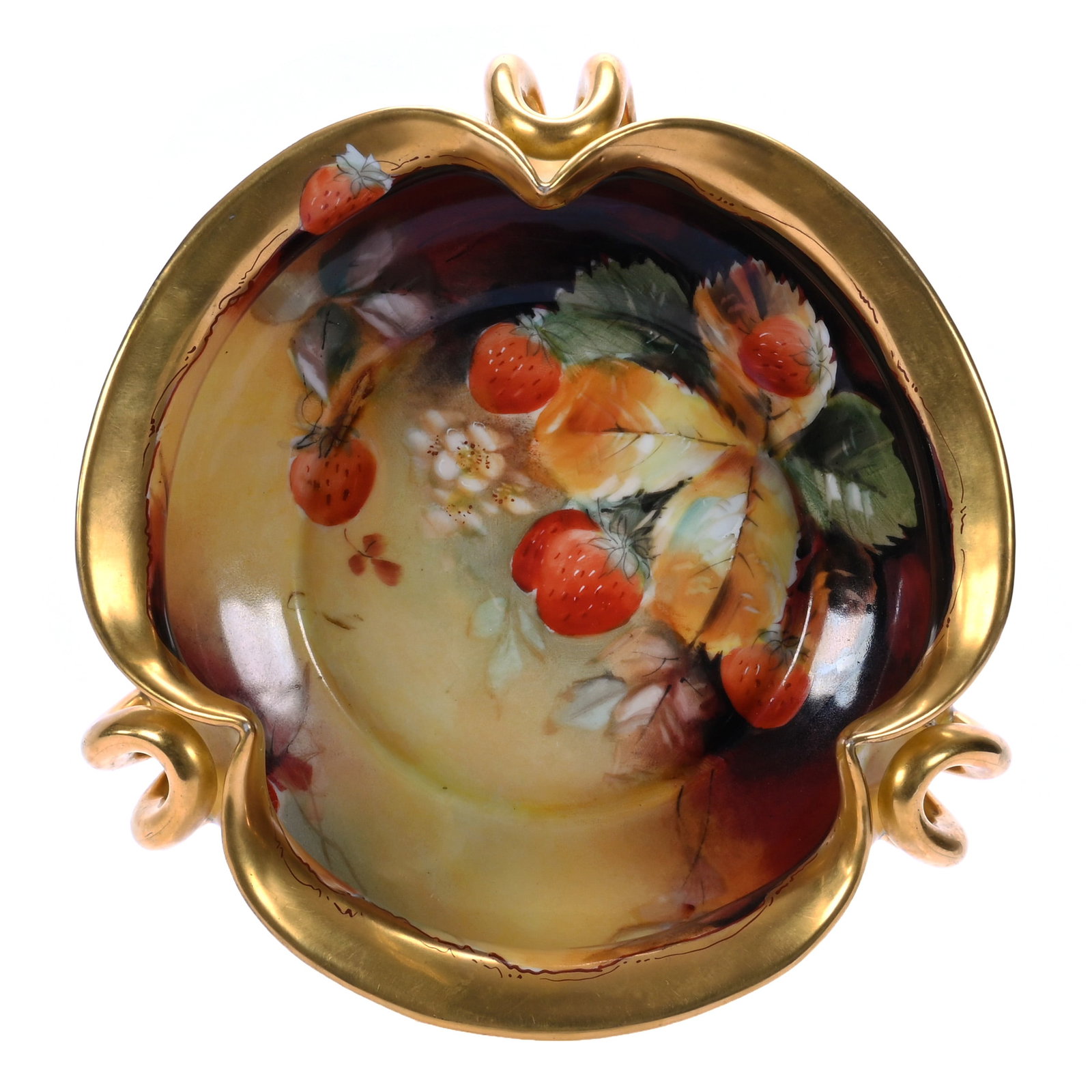 Three Handled Bowl, Marked Pickard, Artist Signed Charles Hahn: Three Handled Bowl, Marked Pickard, Artist Signed Charles Hahn, 3.25 x 8.5 x 8.5 Inches, Yellow And Rust Tones, Hand Painted Strawberry Decor, Heavy Gold Trim, 1.7 Pounds, Colorado Private Collection.