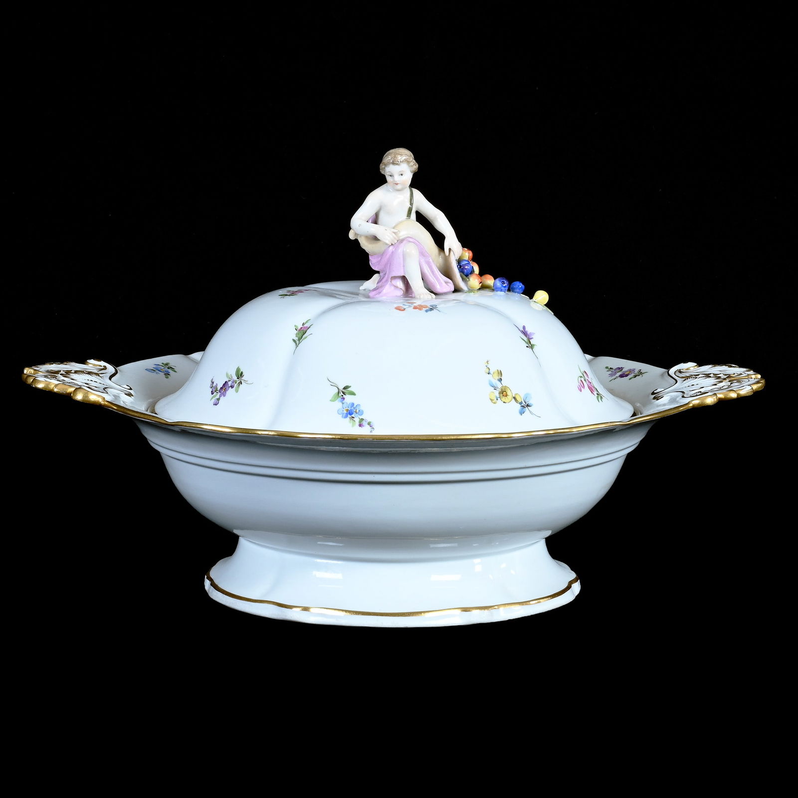 Covered Casserole, Meissen Blue Swords Mark, White With Colorful Scattered Floral Decor (1 of 4)