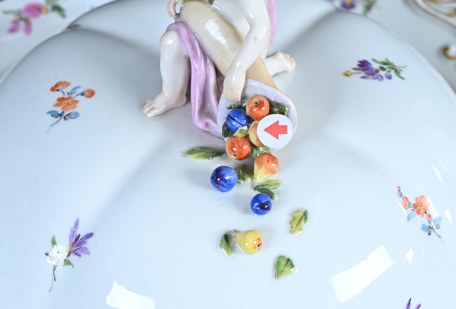 Covered Casserole, Meissen Blue Swords Mark, White With Colorful Scattered Floral Decor - 4