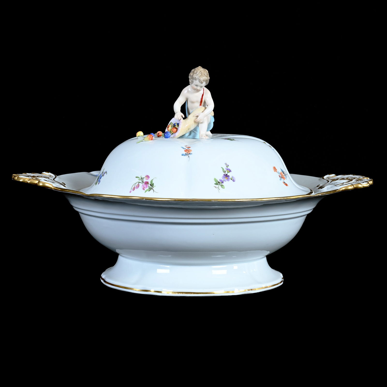 Covered Casserole, Meissen Blue Swords Mark, White With Colorful Scattered Floral Decor (1 of 4)