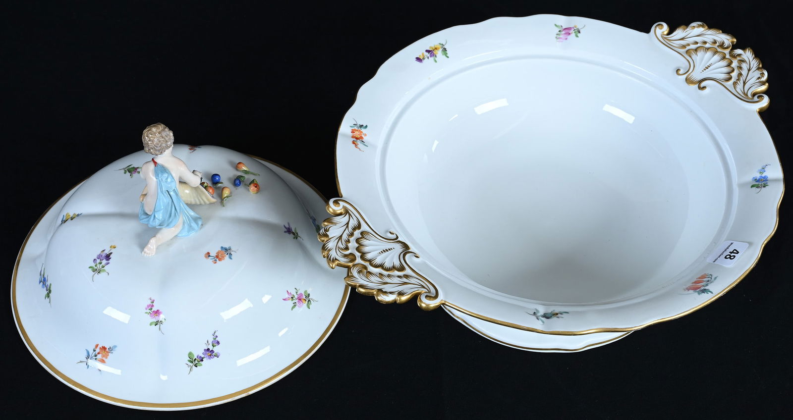 Covered Casserole, Meissen Blue Swords Mark, White With Colorful Scattered Floral Decor - 2