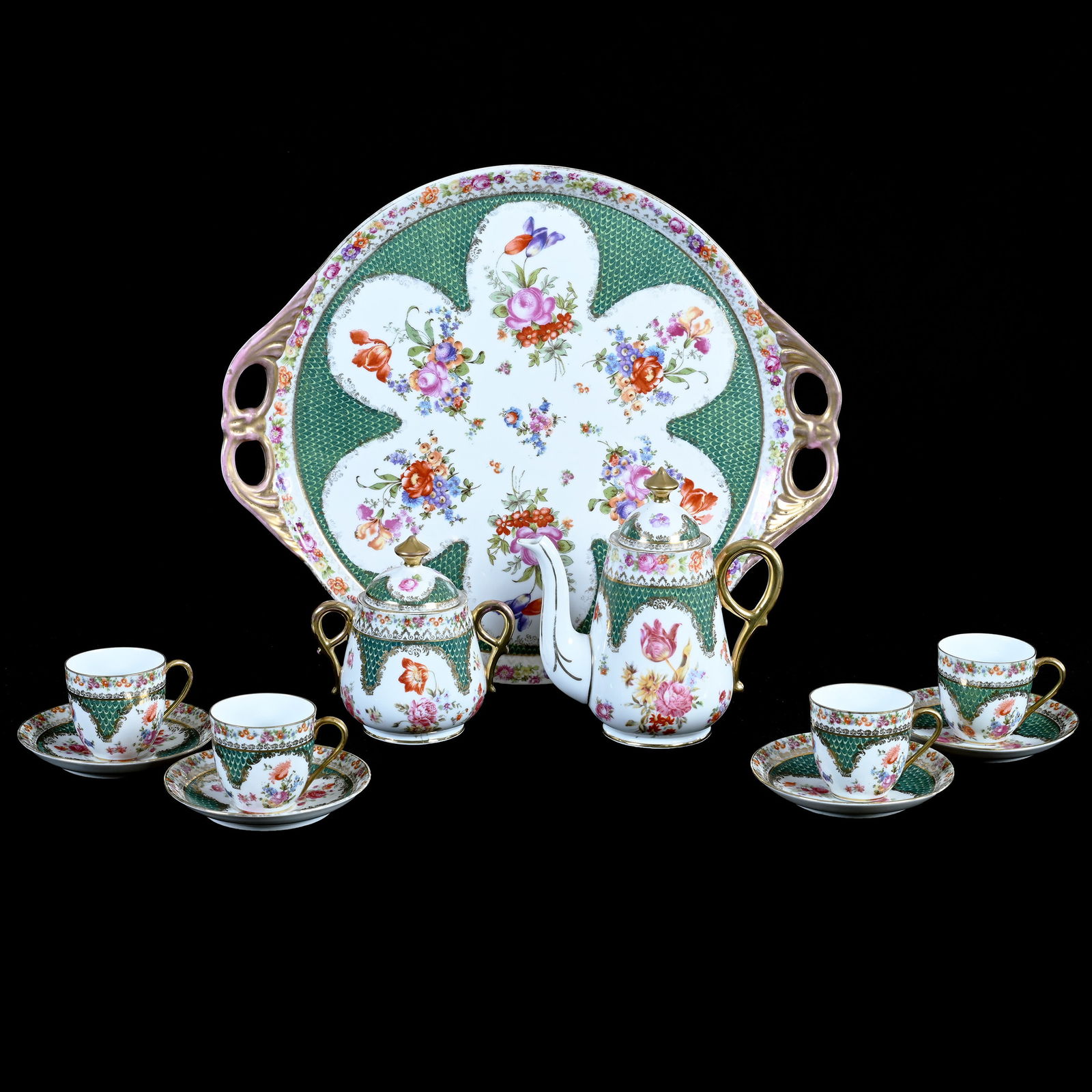 7 Piece German Demitasse Set, Marked Schierholz Porcelain, Circa 1865-1911: 7 Piece German Demitasse Set, Marked Schierholz Porcelain, Circa 1865-1911, Green Border With Colorful Floral Decor, Gold Highlights, Includes (1) 16.5" Round Serving Tray, (1) 7" Teapot, (1) 5.25" Su