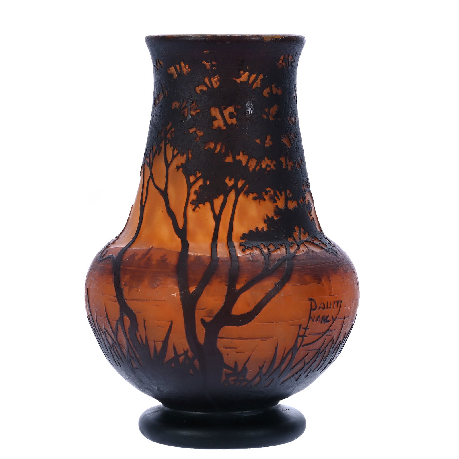 Vase Signed Daum Nancy French Cameo Art Glass: Vase Signed Daum Nancy French Cameo Art Glass, 9.5 x 6 x 6 Inches, Orange And White Mottled Ground With Dark Amethyst Cameo Cutback Overlay Of Tree And Lake Scenic Decor, Small Rim Surface Nick, 4.2 P