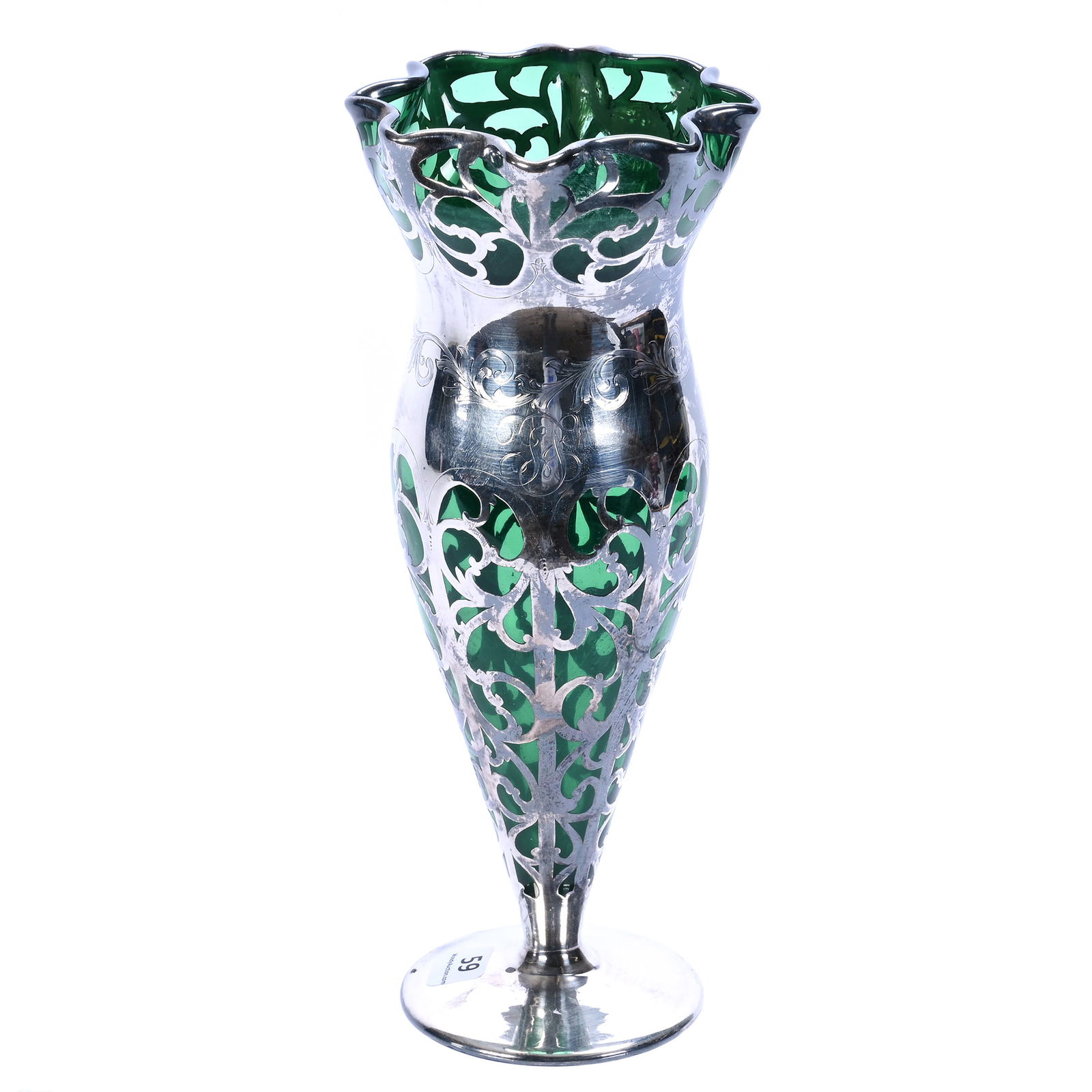 Pedestal Vase, Green Art Glass With Elaborate Sterling Silver Overlay Scroll Design (1 of 3)