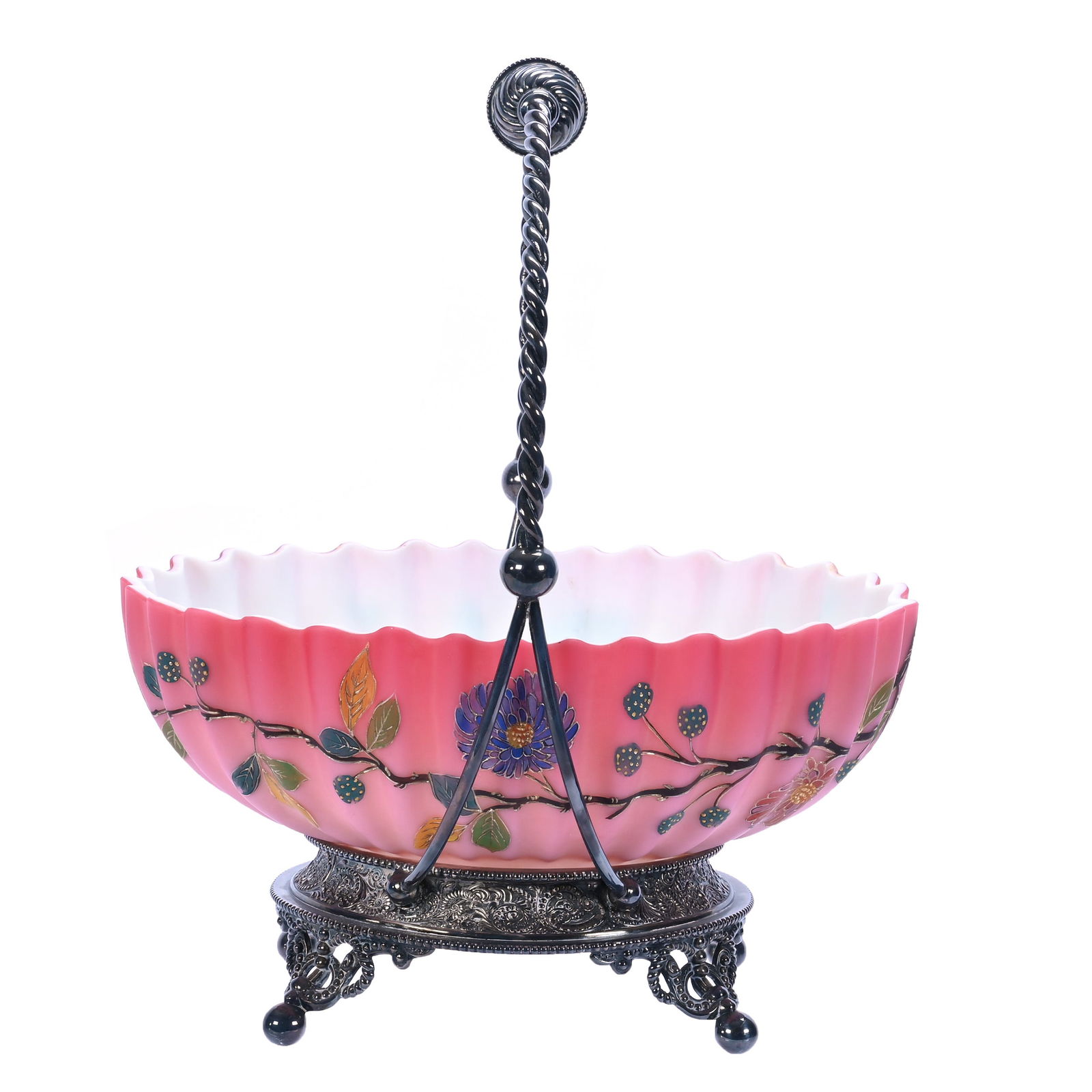 Victorian Brides Basket, Oval Art Glass Bowl, Pink Satin, Melon Ribbed (1 of 3)