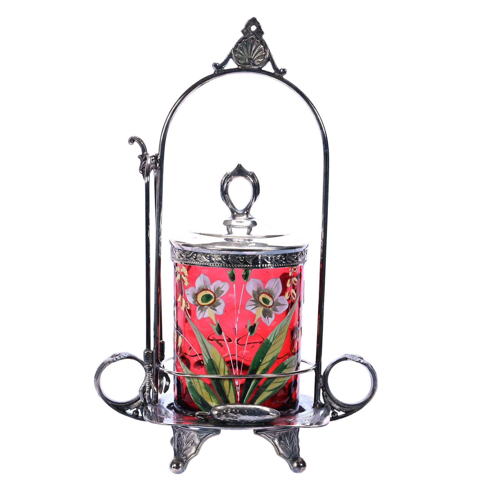 Pickle Castor, Cranberry Coinspot Art Glass Insert With Enamel Floral Decor (1 of 5)
