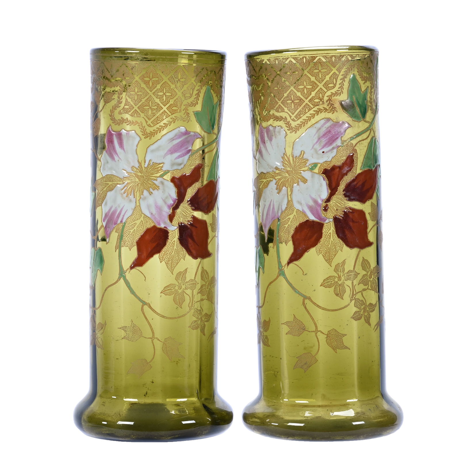 Pair Vases, Unmarked Mont Joye Style, Olive Green Art Glass With Heavy Enamel Floral Decor (1 of 3)