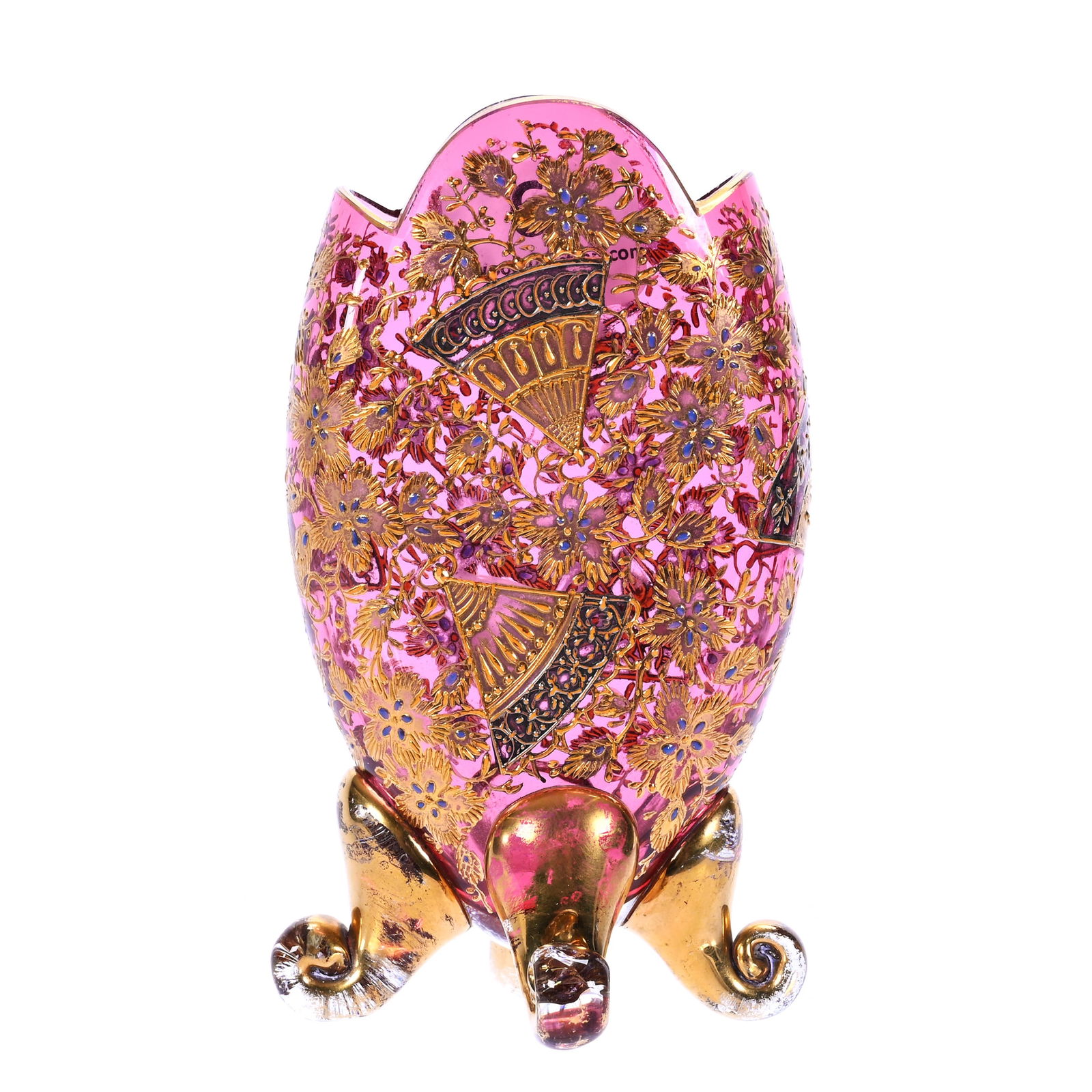 Footed Vase, Unmarked Moser Art Glass: Footed Vase, Unmarked Moser Art Glass, 4 x 2.5 x 2.25 Inches, Cased Cranberry With Extensive Gold Enamel Floral And Fan Highlights, 0.2 Pounds, Jeff David Collection, Missouri.