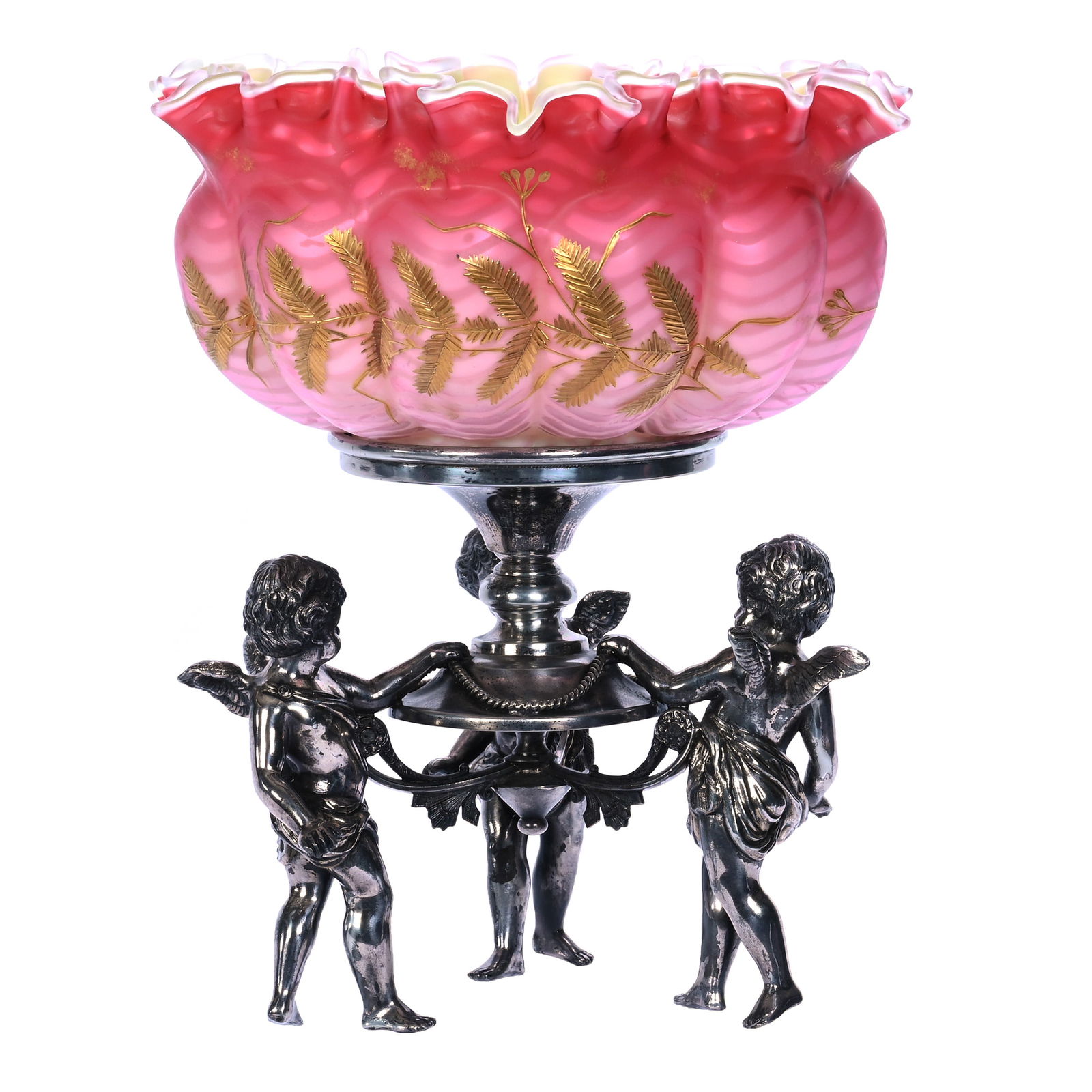 Victorian Brides Basket, Pink Satin, Herringbone Mother Of Pearl, Art Glass Bowl (1 of 3)