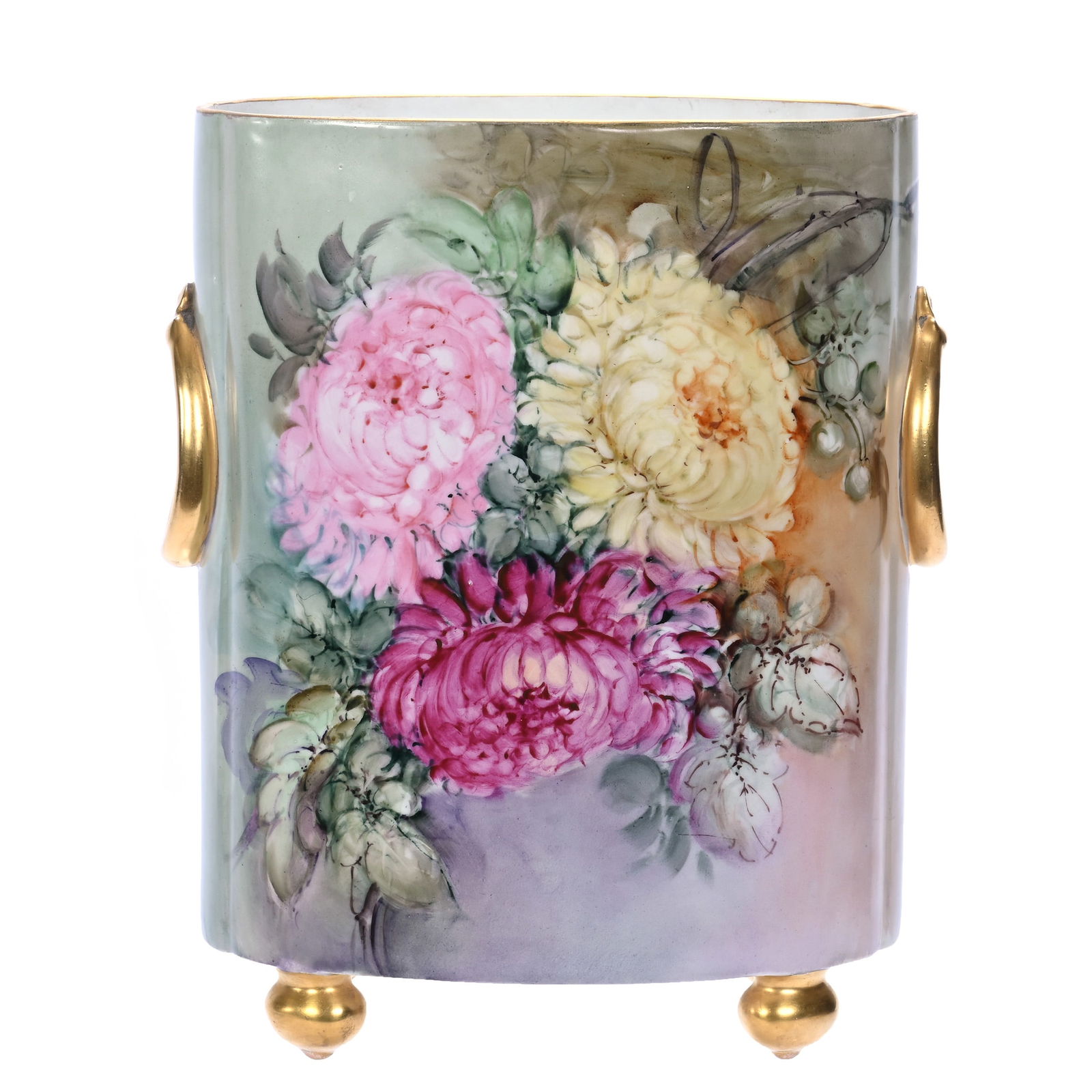 Cache Pot, Marked Limoges, Hand Painted Chrysanthemum Decor: Cache Pot, Marked Limoges, Hand Painted Chrysanthemum Decor, 10.5 x 8.5 x 4.5 Inches, Gold Trim Highlights, 3.2 Pounds, Colorado Private Collection.