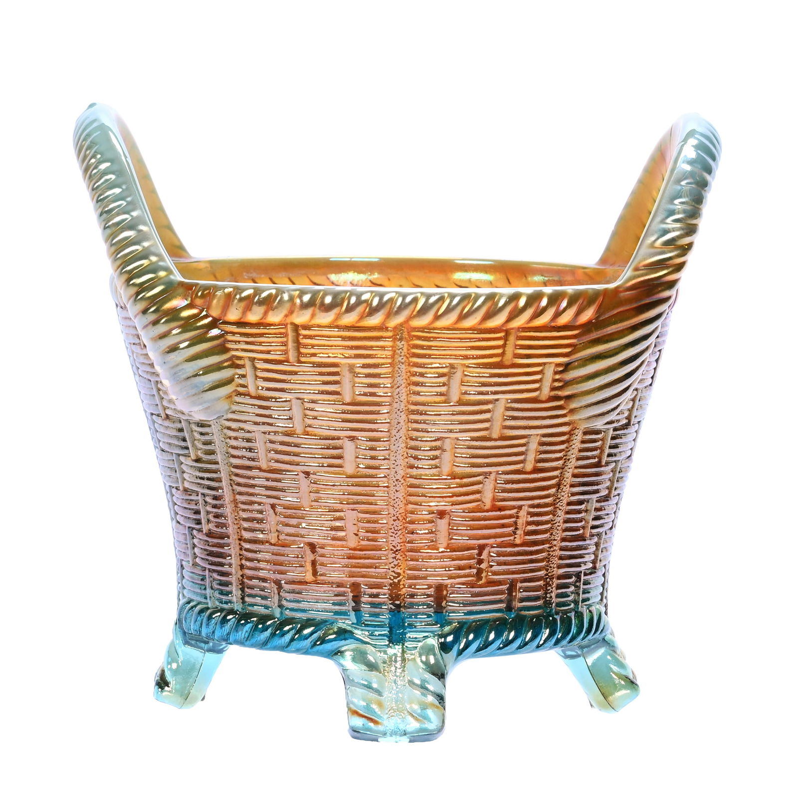 Bushel Basket, Carnival Glass, Basketweave Pattern By Northwood: Bushel Basket, Carnival Glass, Basketweave Pattern By Northwood, 4.5 x 5 x 4.25 Inches, Aqua Opal, 0.9 Pounds, Darrell and Sandy Schulte Collection, Kansas.