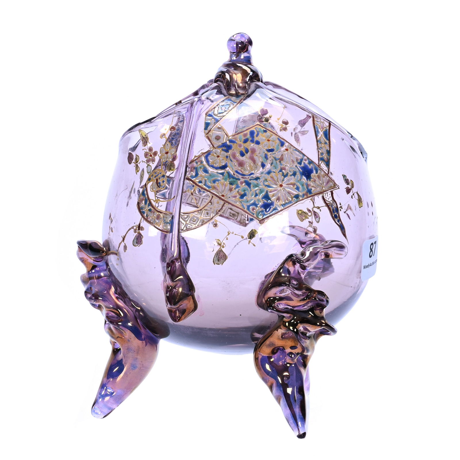 Three Footed Bag Shaped Vase, Bohemian Art Glass Signed A. Jean (Auguste Jean) circa 1890: Three Footed Bag Shaped Vase, Bohemian Art Glass Signed A. Jean (Auguste Jean), circa 1890, 6.5 x 5 x 5 Inches, Solid Amethyst Art Glass With Enamel Floral Decor, Applied Feet And Drips With Gold High