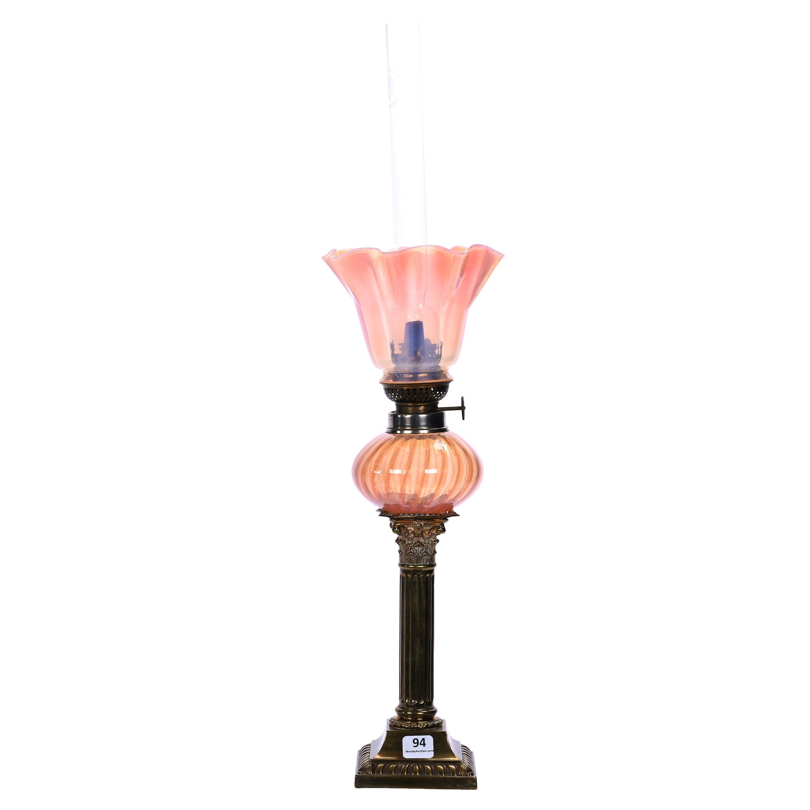 Peg Lamp, Apricot Opalescent, Art Glass Shade And Font With Brass Column Base (1 of 3)