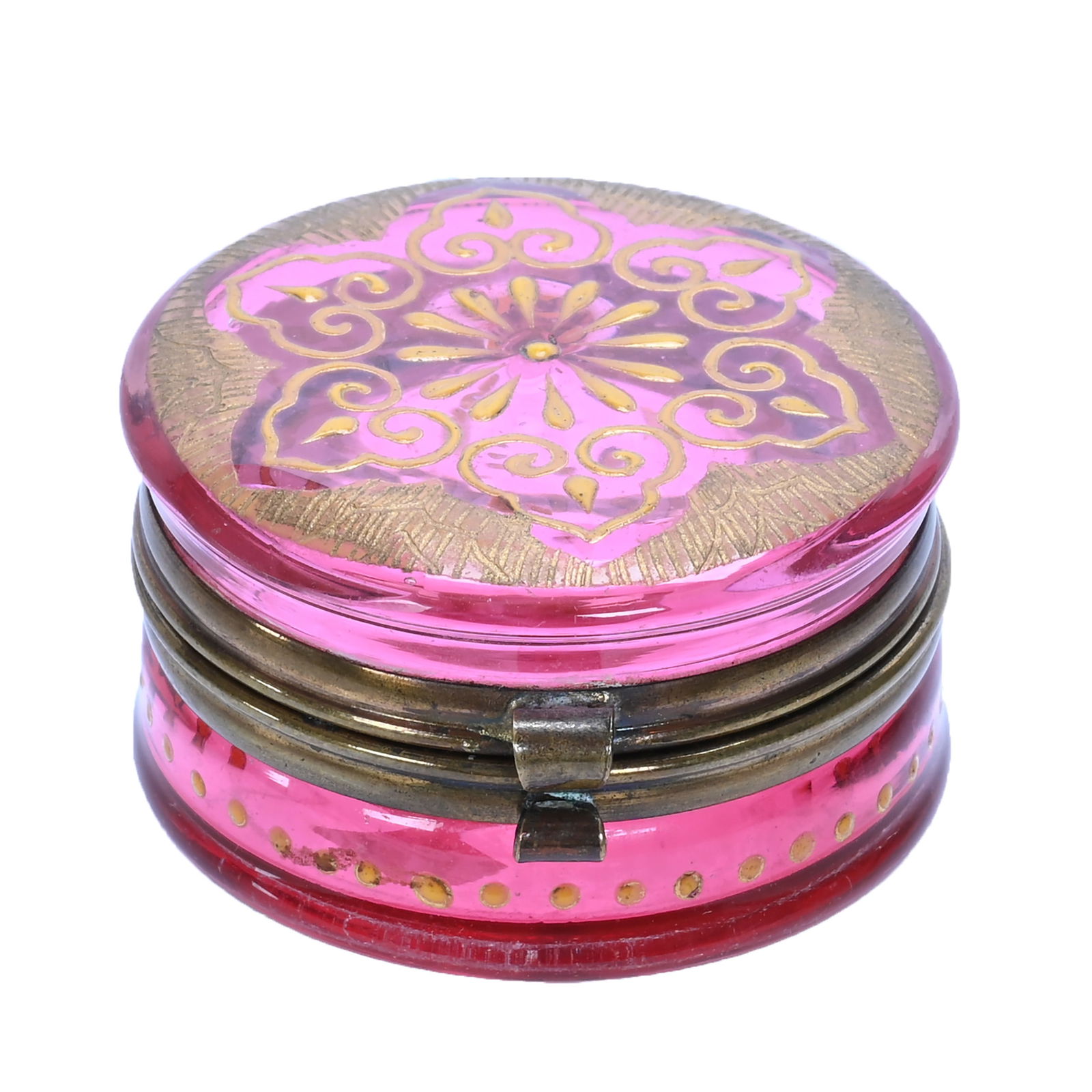 Pill Box, Cranberry Art Glass: Pill Box, Cranberry Art Glass, 1 x 2 x 2 Inches, Gold Enamel Decor With Factory Polish On Rim, 0.1 Pounds, Jeff David Collection, Missouri.