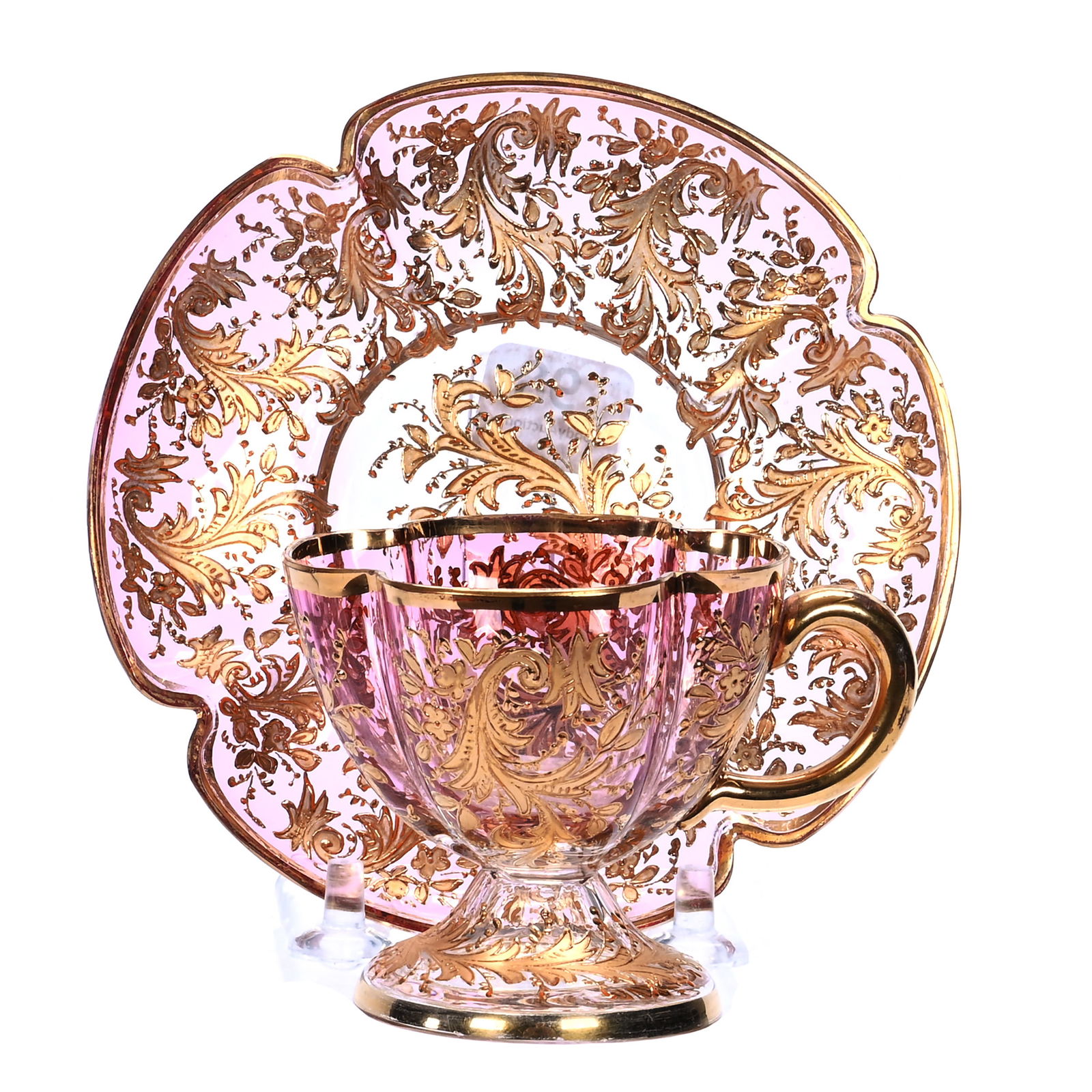 Pedestal Cup And Saucer, Unmarked Moser Amethyst Shading To Clear Art Glass (1 of 4)