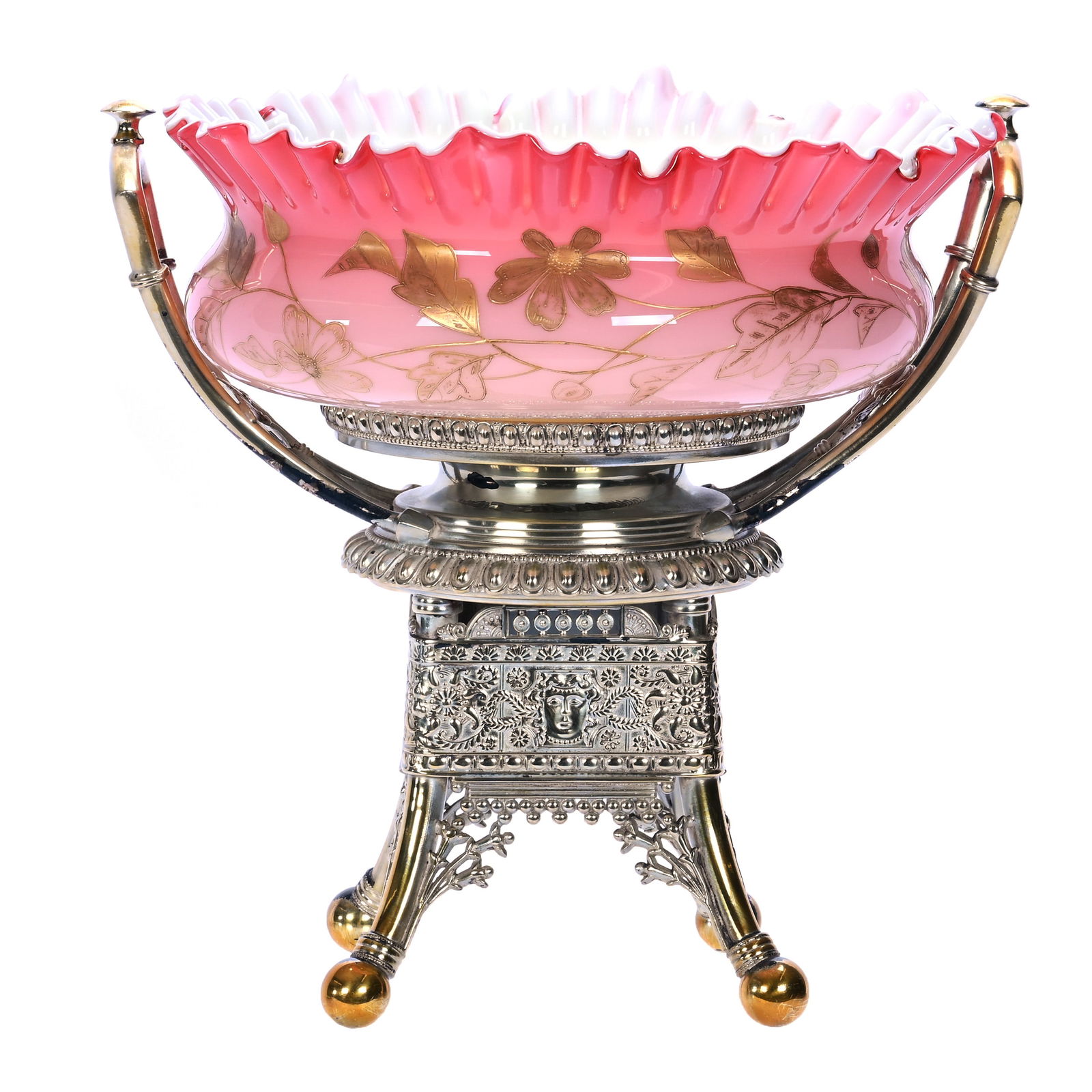 Victorian Brides Basket, Webb Peach Blow Art Glass Bowl With Enamel Blossom Decor (1 of 3)
