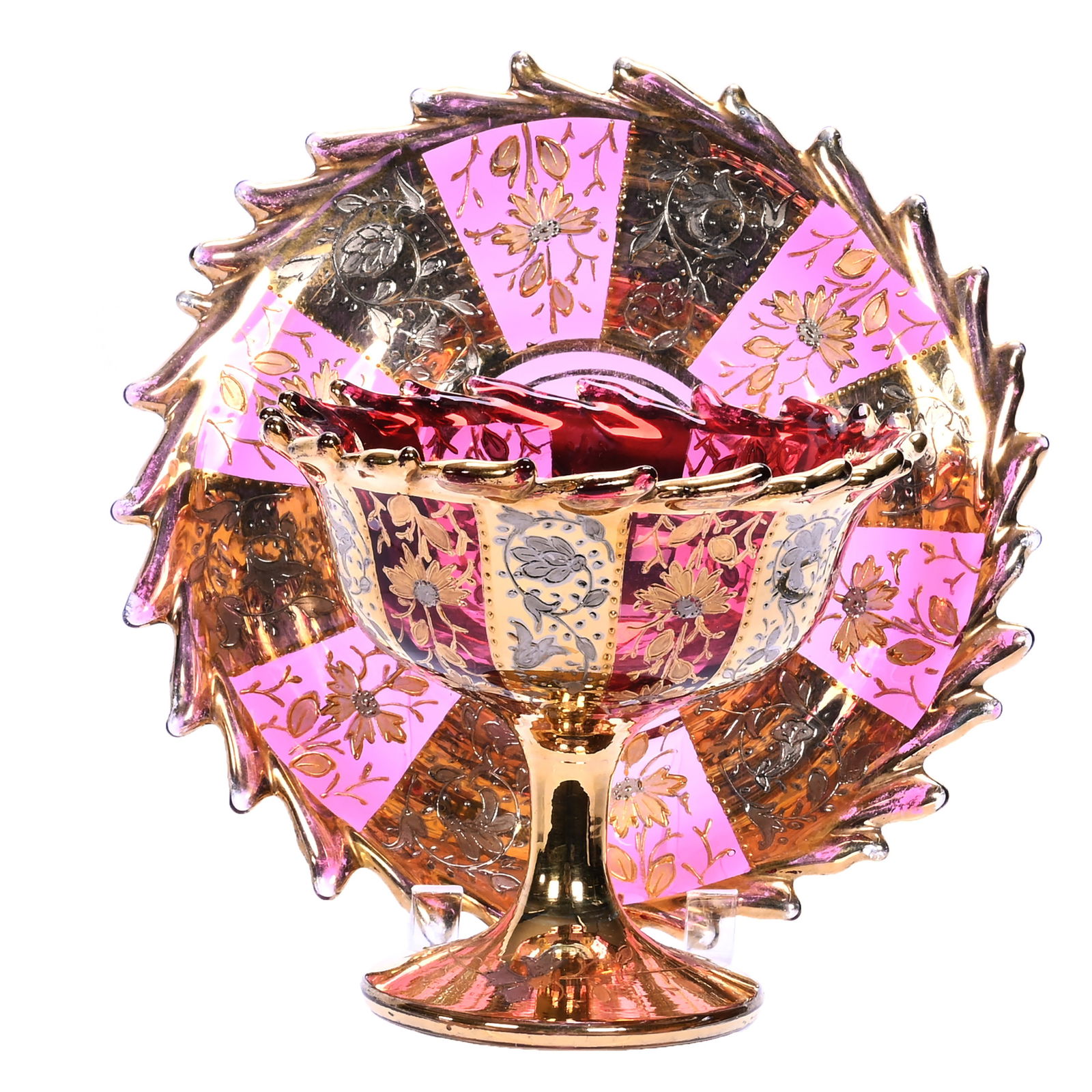 Pedestal Punch Cup And Saucer, Unmarked Moser: Pedestal Punch Cup And Saucer, Unmarked Moser, 3.5 x 5 x 5 Inches, Cranberry Art Glass With Iridescent Gold And Silver Enamel Highlights, Pulled Flame Edge, 0.6 Pounds, Jeff David Collection, Missouri