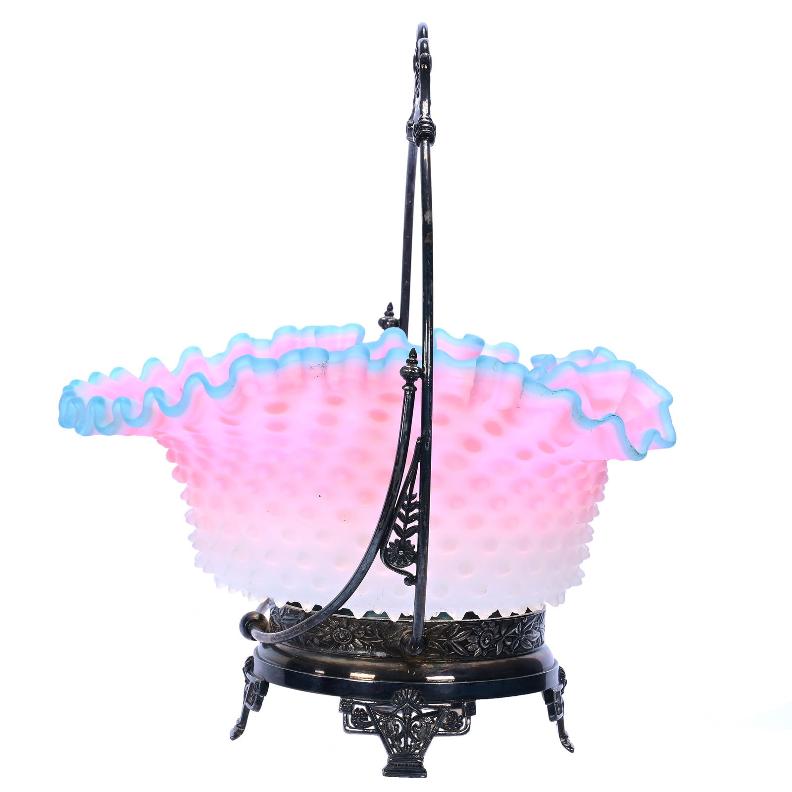 Victorian Brides Basket, Pink And White Frosted Hobnail Art Glass Ruffled Bowl, Pale Blue Trim (1 of 4)