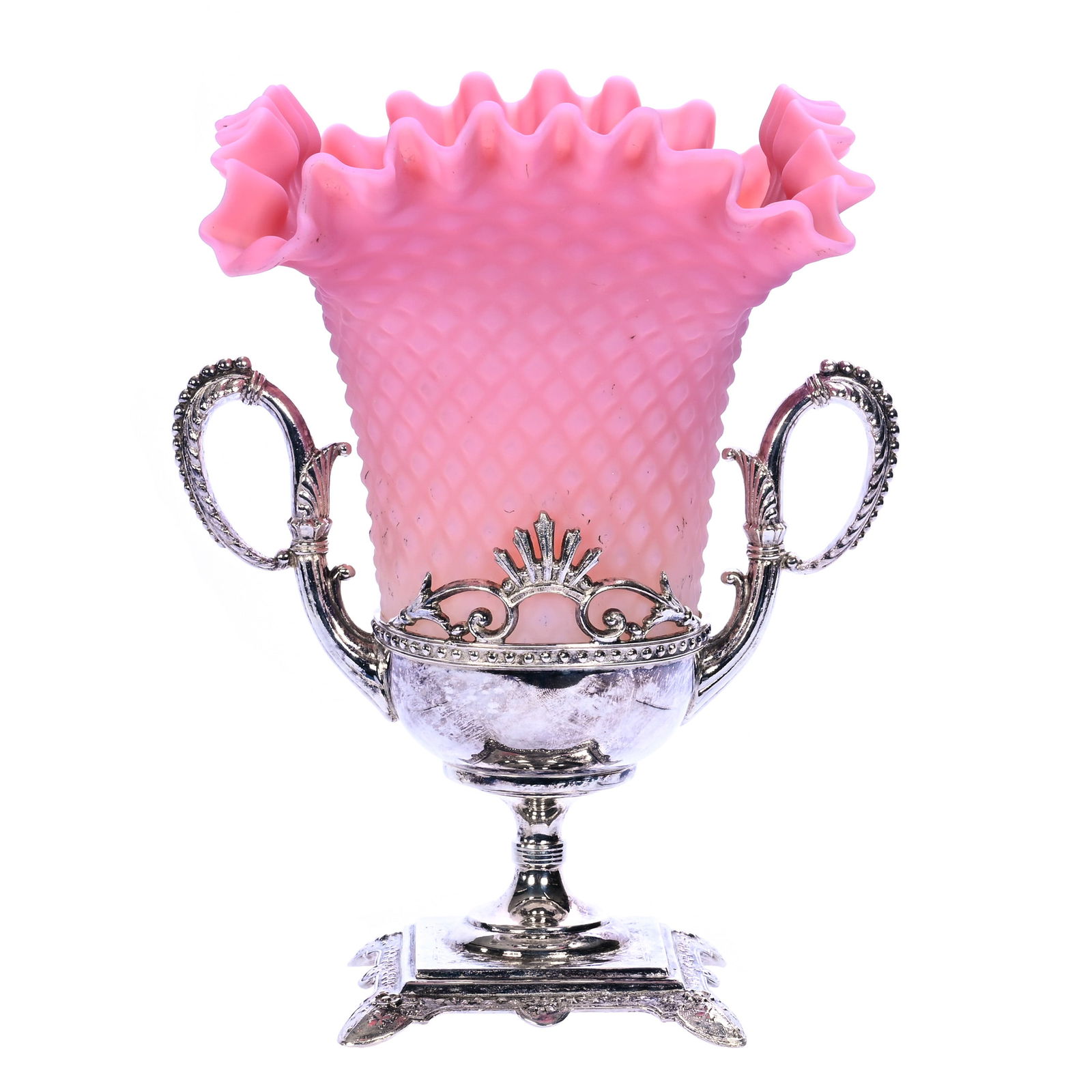 Victorian Two Handled Celery Vase, Pink Opalescent Texture Diamond Quilted Satin Finish, Art Glass (1 of 4)