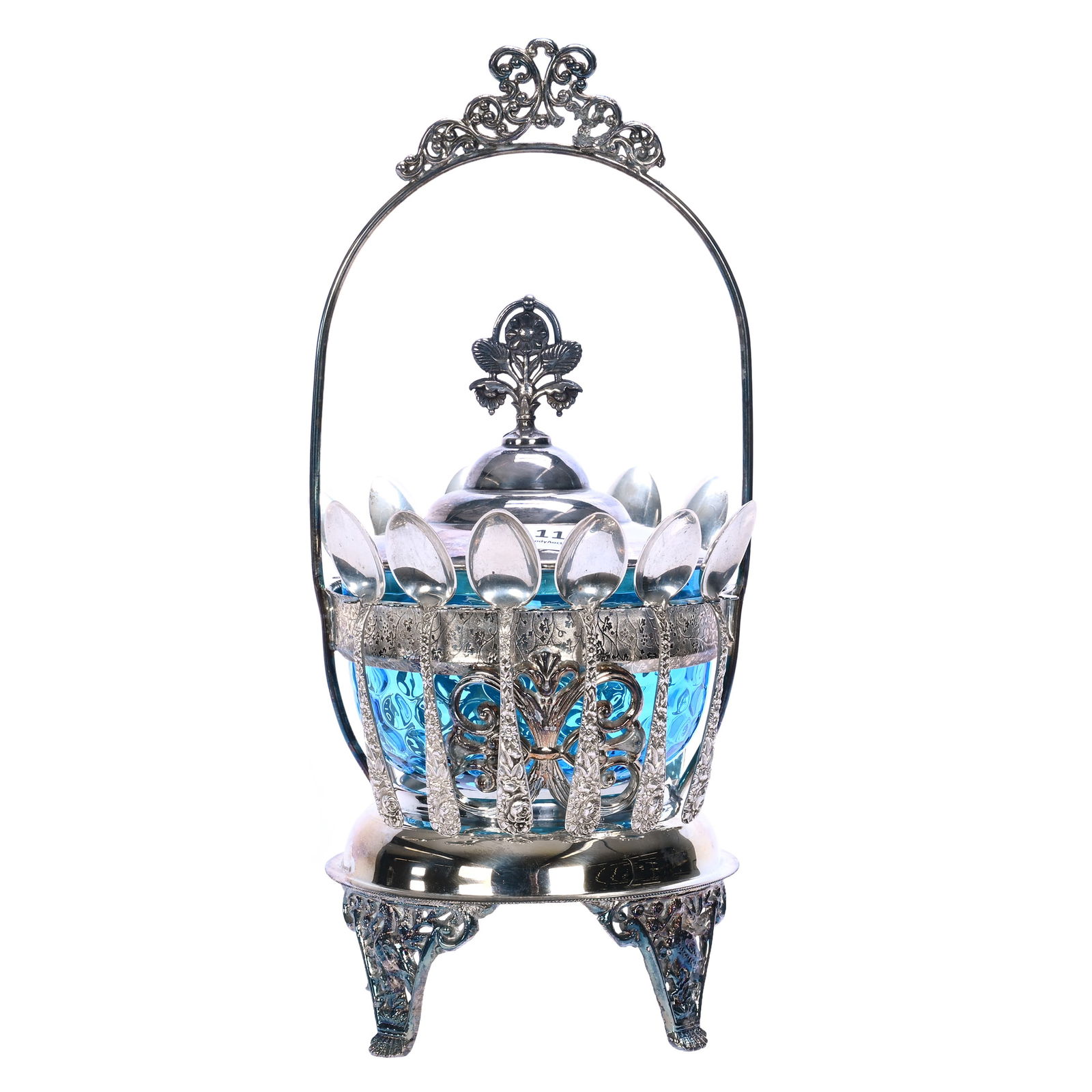 Victorian Sugar Bowl, Blue Coinspot Art Glass Insert: Victorian Sugar Bowl, Blue Coinspot Art Glass Insert, 12 x 5.5 x 5.5 Inches, Set On Unmarked Silverplate Frame, Sells With (12) 4" Kirk & Sons Sterling Silver Spoons With Elaborate Floral Repousse, Sp