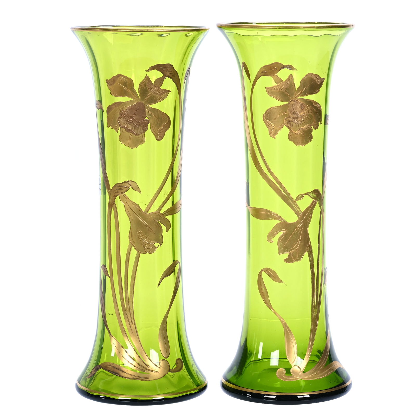 Pair Vases, Green Bohemian Art Glass (1 of 3)