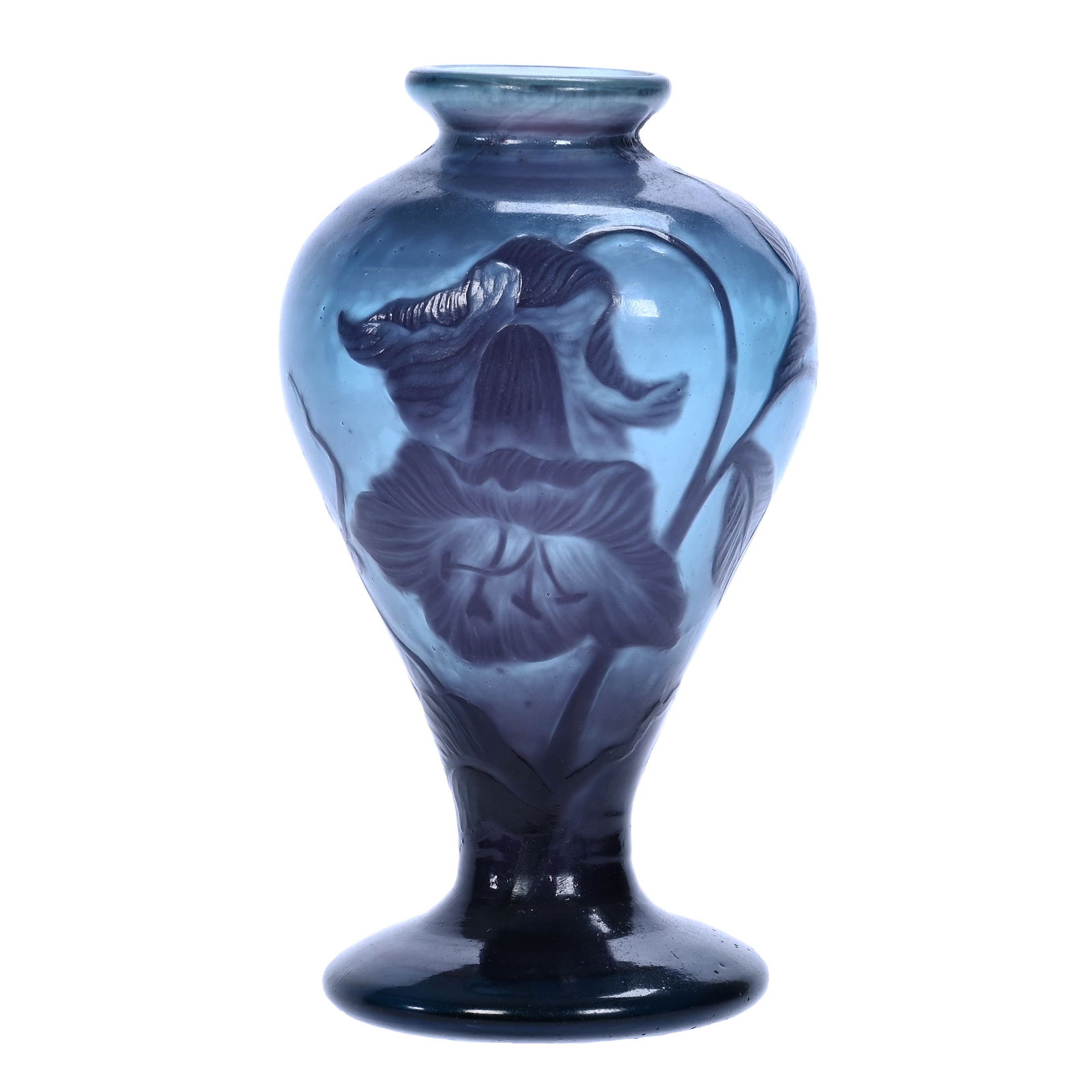 Vase, Signed Muller Croismare Pres Nancy, French Cameo Art Glass: Vase, Signed Muller Croismare Pres Nancy, French Cameo Art Glass, 6.25 x 3.5 x 3.5 Inches, Blue With Amethyst Cameo Cut Back Floral Decor, Fire Polished, Nice Quality, 1.1 Pounds, Lena Salardino Colle