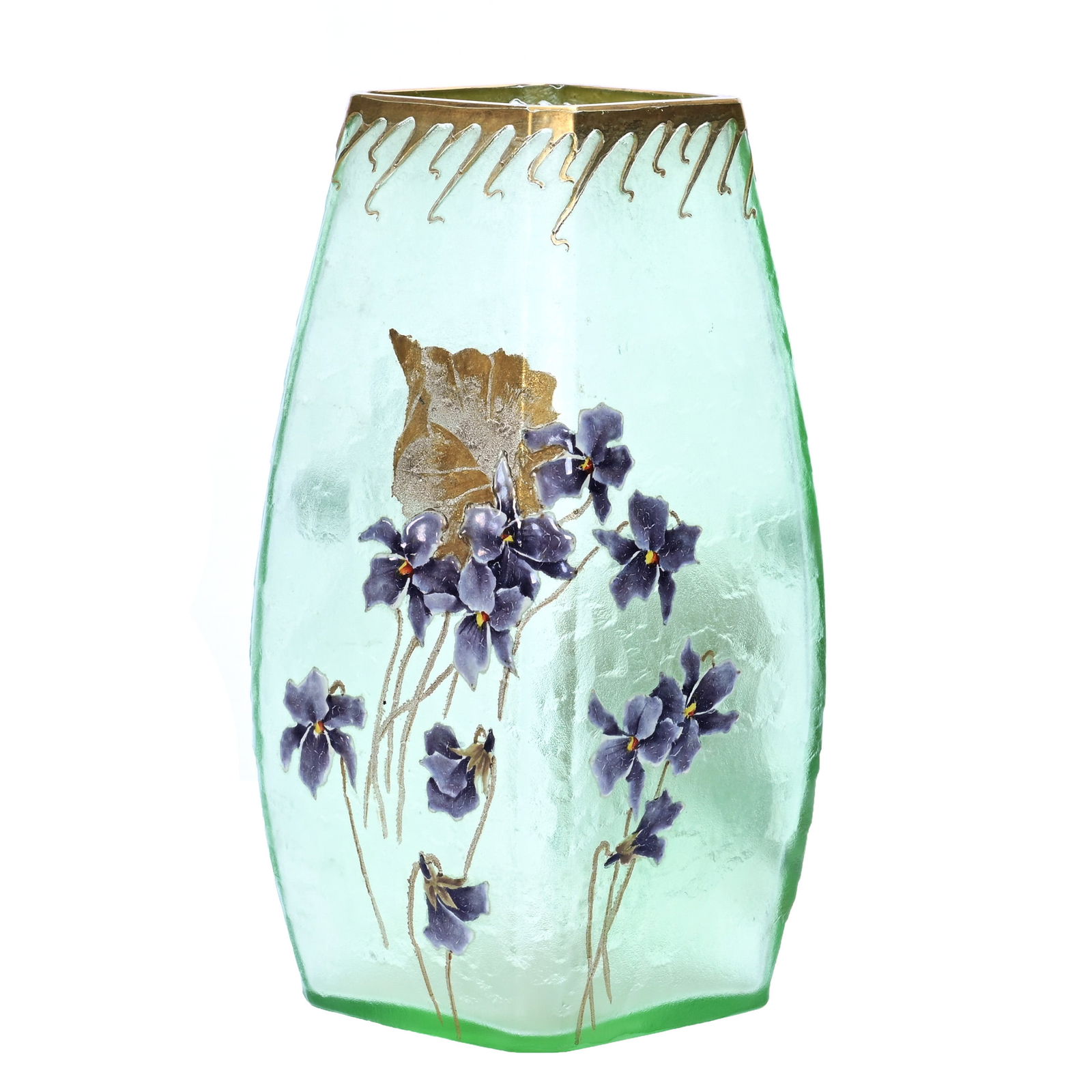 Square Vase, Signed Mont Joye, French Cameo Art Glass: Square Vase, Signed Mont Joye, French Cameo Art Glass, 7.5 x 3.5 x 3.5 Inches, Ice Green Ground With Cameo Carved Violet Decor And Enamel Highlights, 1.5 Pounds, Lena Salardino Collection, Colorado.