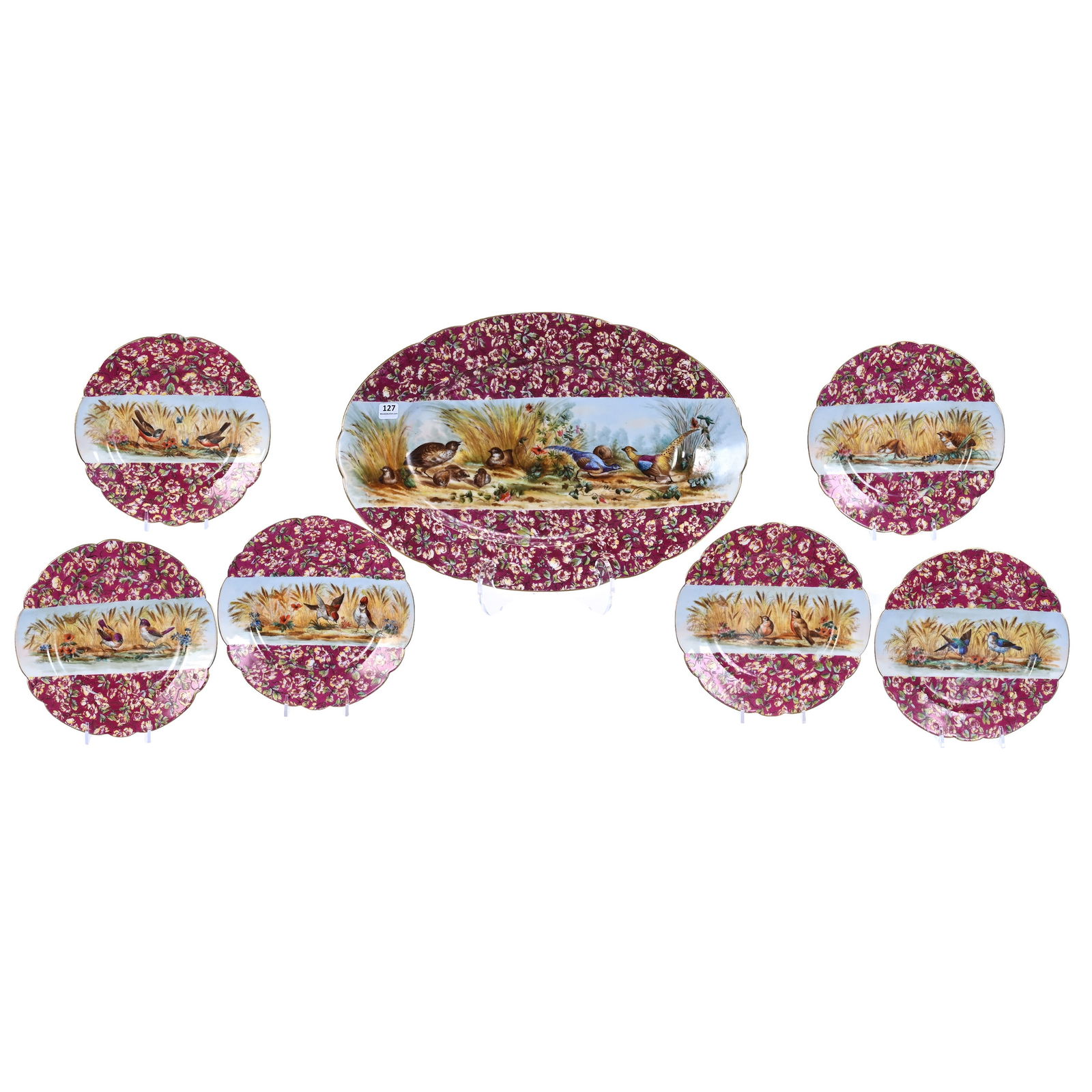 Platter And Plate Set, Marked Brooklyn Ovingtons Chicago: Platter And Plate Set, Marked Brooklyn Ovingtons Chicago, Colorful Game Bird Scenic Decor With Maroon Border And Yellow Floral Highlights, Set Includes (1) 17.75" x 12" Oval Tray, And (6) 8.25" Plates