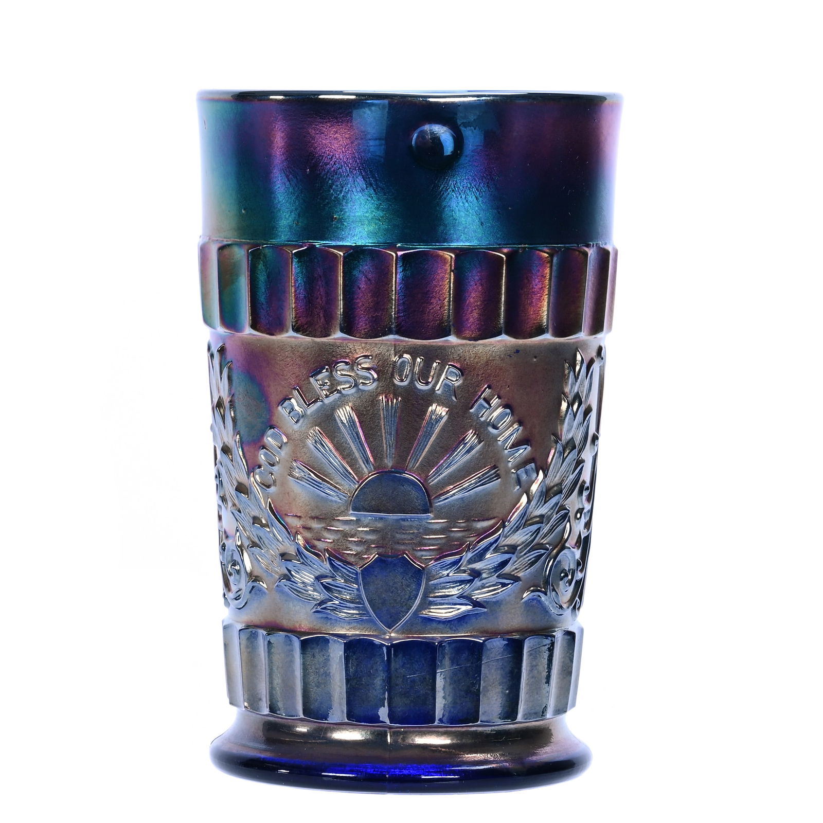 Tumbler, Carnival Glass, "God And Home" Pattern By Dugan (1 of 3)
