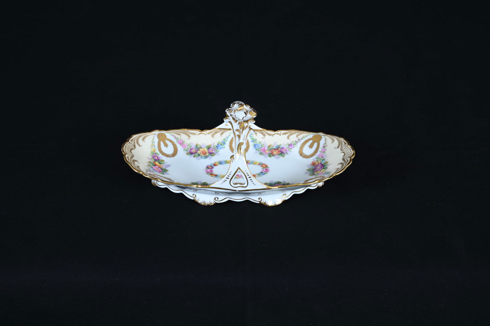 Relish Basket, Marked Dresden, White And Cream With Colorful Floral Garland And Gold Wreath Design (1 of 3)