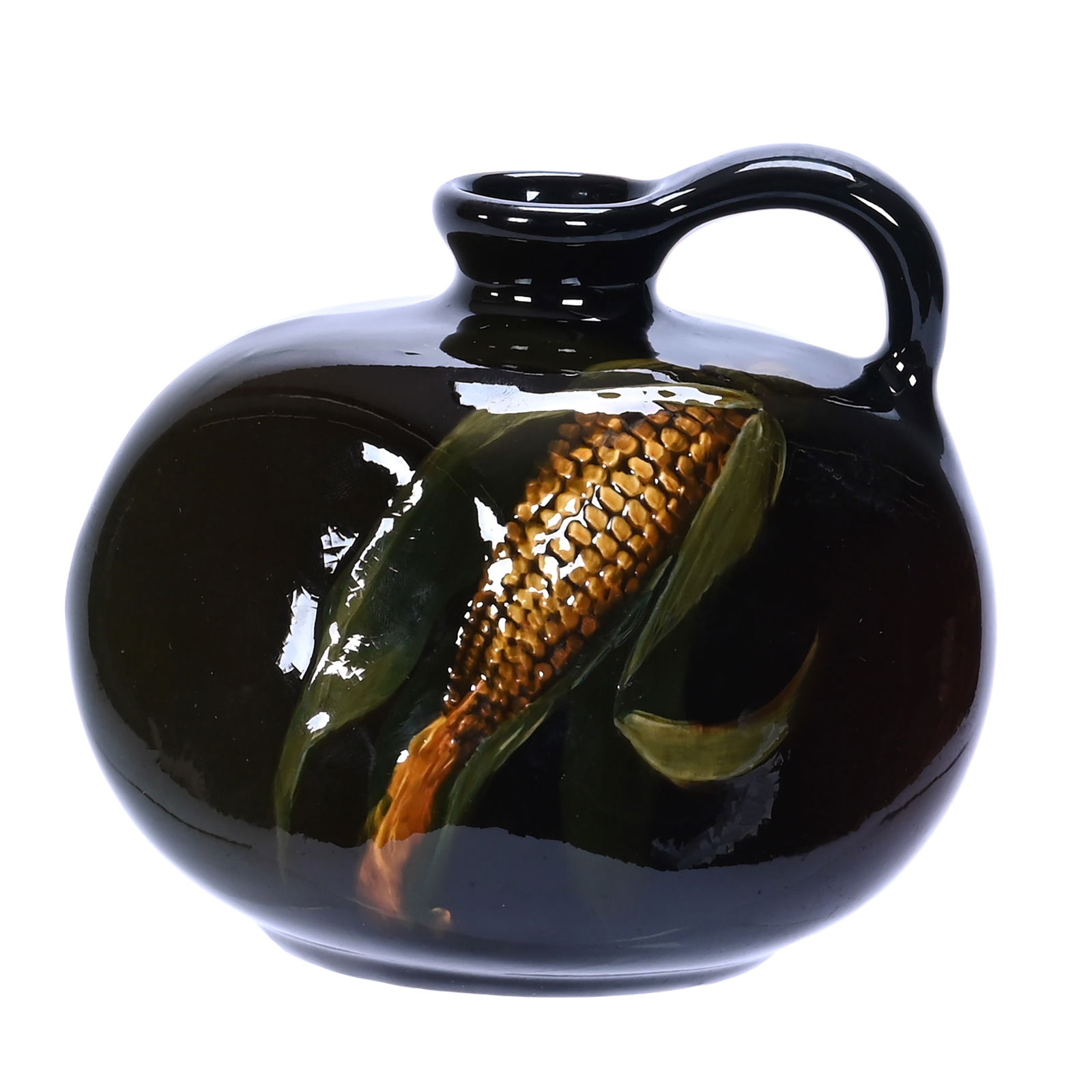 Four Sided Jug, Weller Louwelsa Art Pottery: Four Sided Jug, Weller Louwelsa Art Pottery, 5.25 x 5.75 x 4.25 Inches, Brown And Green Standard Glaze With Corncob Decor, 1.1 Pounds, Darrell and Sandy Schulte Collection, Kansas.