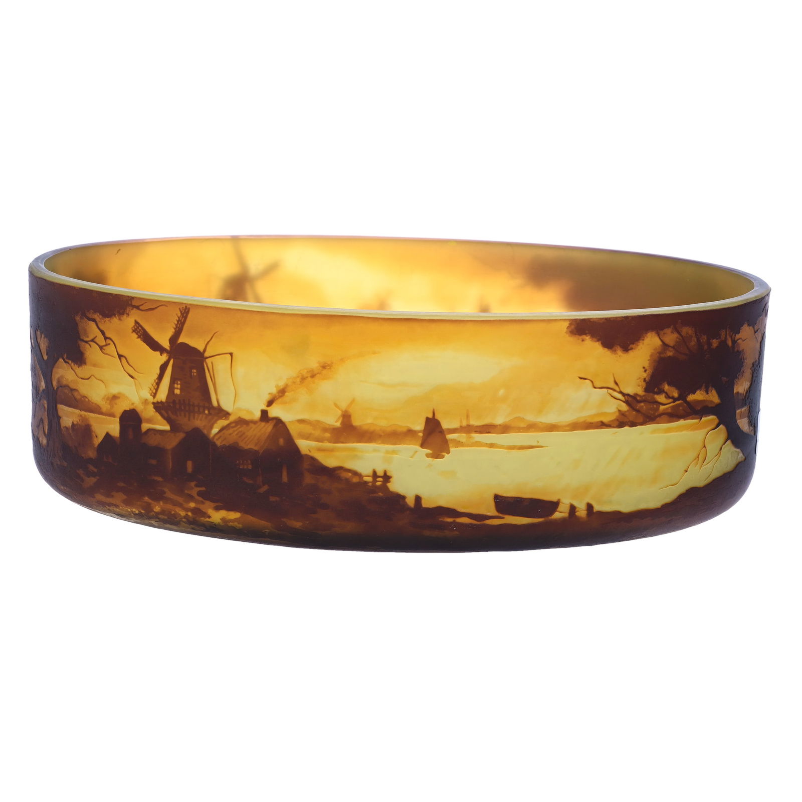 Oval Bowl, Signed Muller Fres Luneville, French Cameo Art Glass: Oval Bowl, Signed Muller Fres Luneville, French Cameo Art Glass, 3.75 x 11.75 x 8.5 Inches, Yellow Ground With Amethyst Cut Back Overlay Of Windmill, Lake, And Trees Scenic Decor, Light Interior Rim N