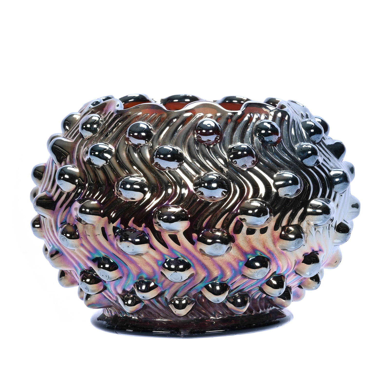 Rose Bowl, Carnival Glass, Swirled Hobnail Pattern By Millersburg: Rose Bowl, Carnival Glass, Swirled Hobnail Pattern By Millersburg, 3.5 x 5 x 5 Inches, Amethyst, 1.4 Pounds, Darrell and Sandy Schulte Collection, Kansas.