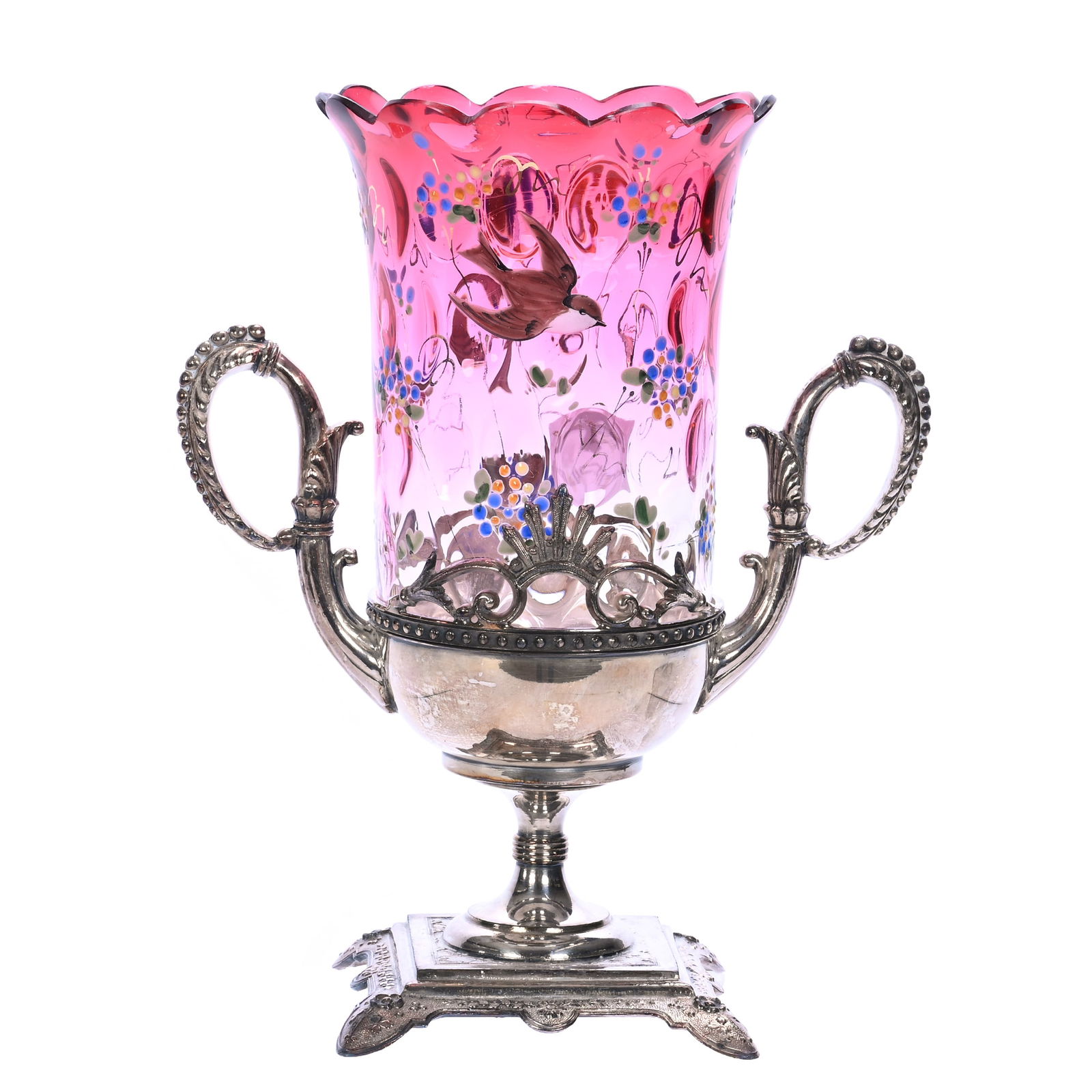 Victorian Celery Vase, Rubina Coinspot Art Glass Insert With Enamel Bird And Floral Decor (1 of 4)