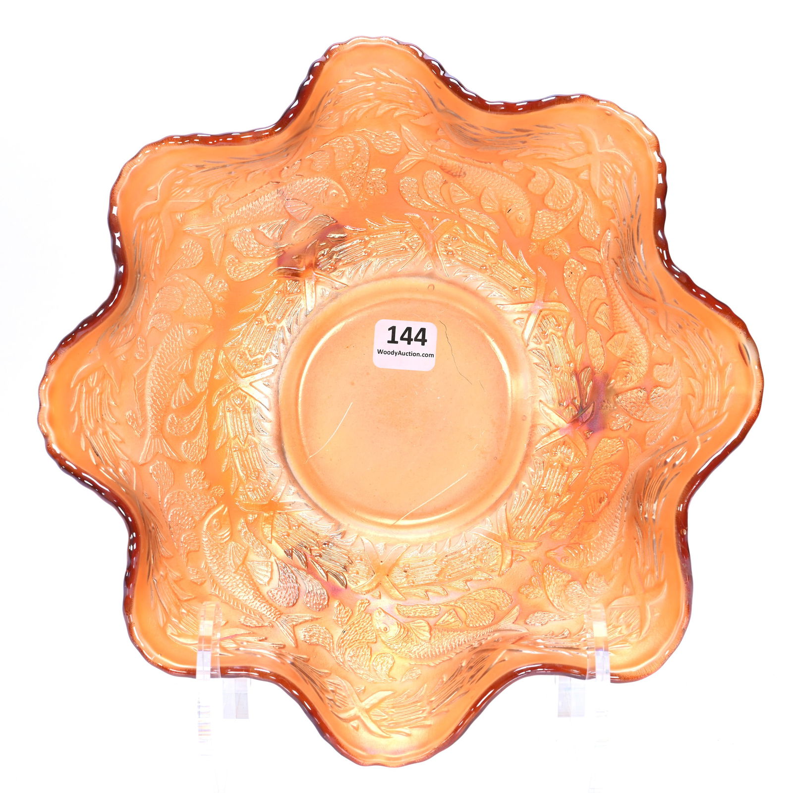 Three Footed Bowl, Carnival Glass, "Little Fishes" Pattern By Fenton (1 of 2)