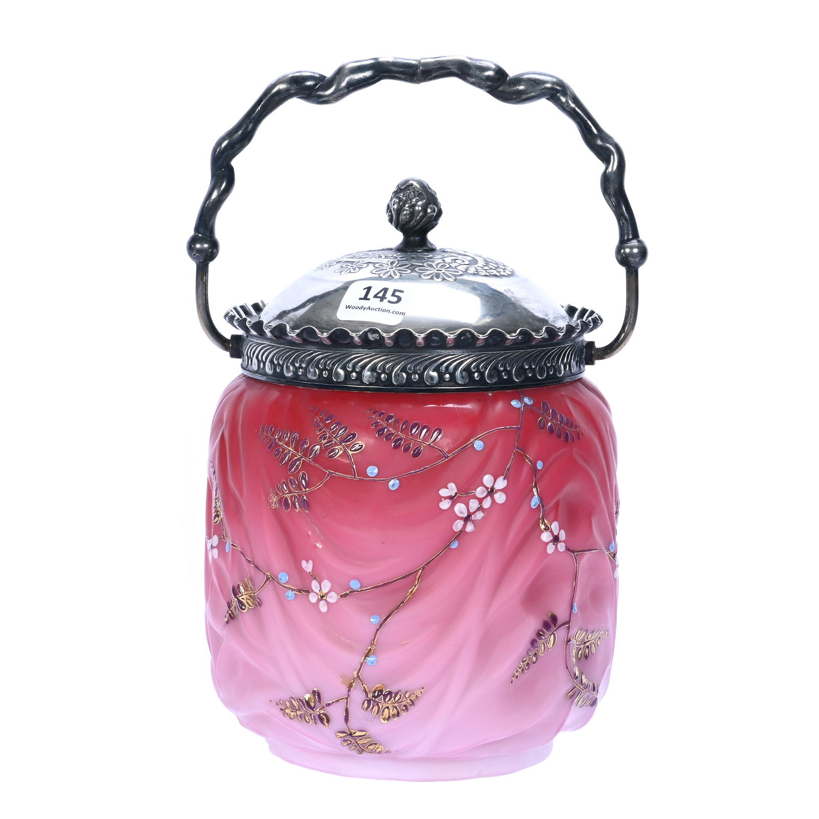 Biscuit Jar, Pink Satin Drape Art Glass, Enamel Branch, Leaf, & Blossom Decor, Marked Mt. Washington (1 of 3)