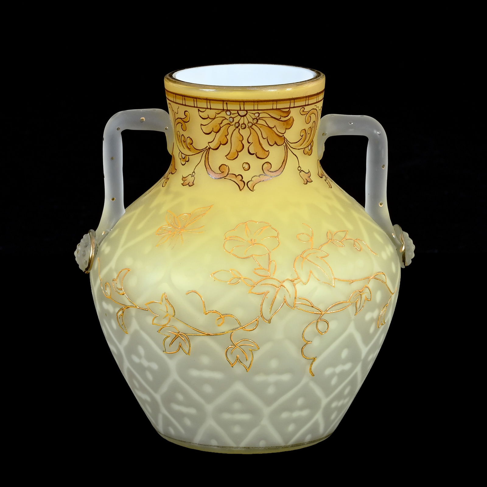 Two Handled Vase, Yellow Satin Art Glass, Maltese Cross Pattern, Mother Of Pearl: Two Handled Vase, Yellow Satin Art Glass, Maltese Cross Pattern, Mother Of Pearl, 5 x 4.75 x 4.25 Inches, Enamel And Stencil Design Highlights, Frosted Applied Handles, 0.7 Pounds, Douglas Millhoff Co