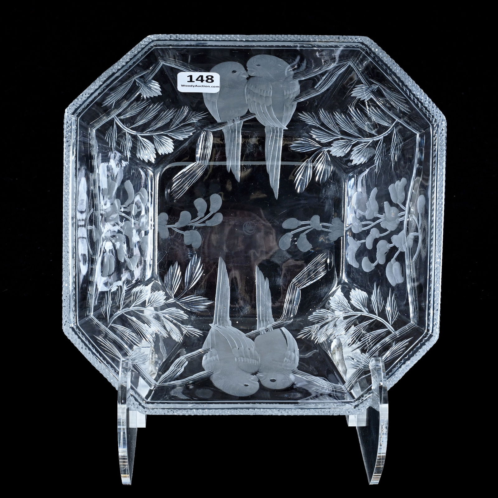 Square Bowl, American Brilliant Cut Glass, Signed Libbey, Wisteria Pattern (Also Known As Lovebirds) (1 of 2)