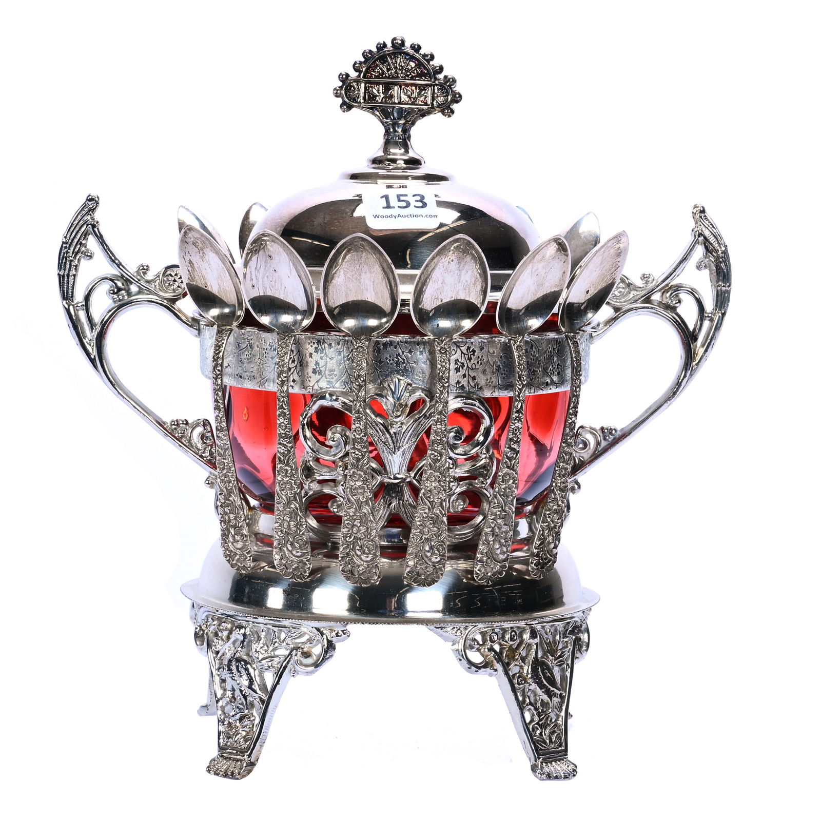 Victorian Sugar Bowl, Cranberry Art Glass Insert (1 of 5)