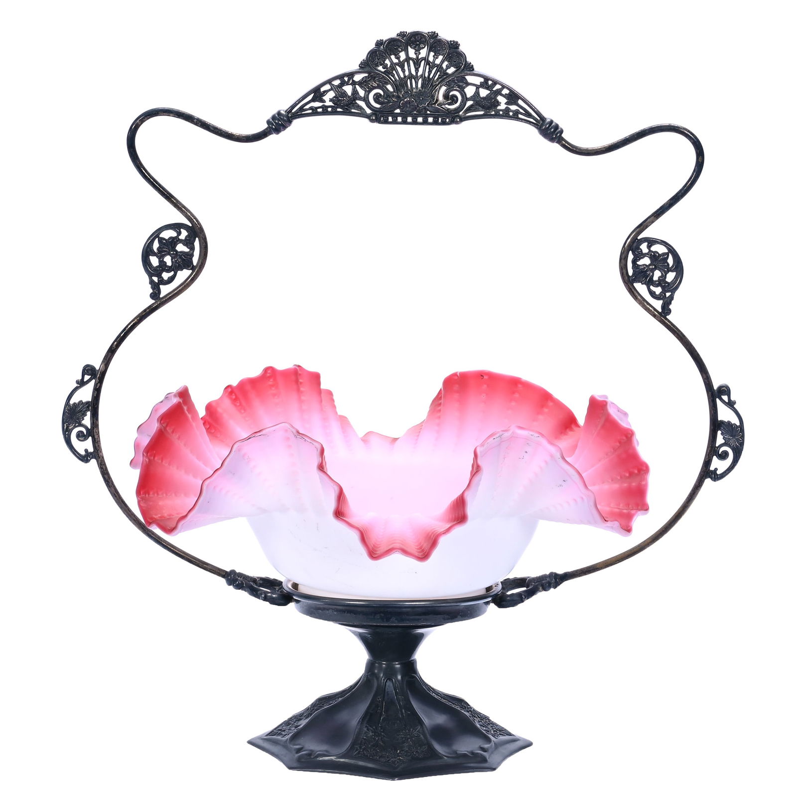Victorian Brides Basket, Pink And White Satin Art Glass Ruffled Bowl (1 of 4)