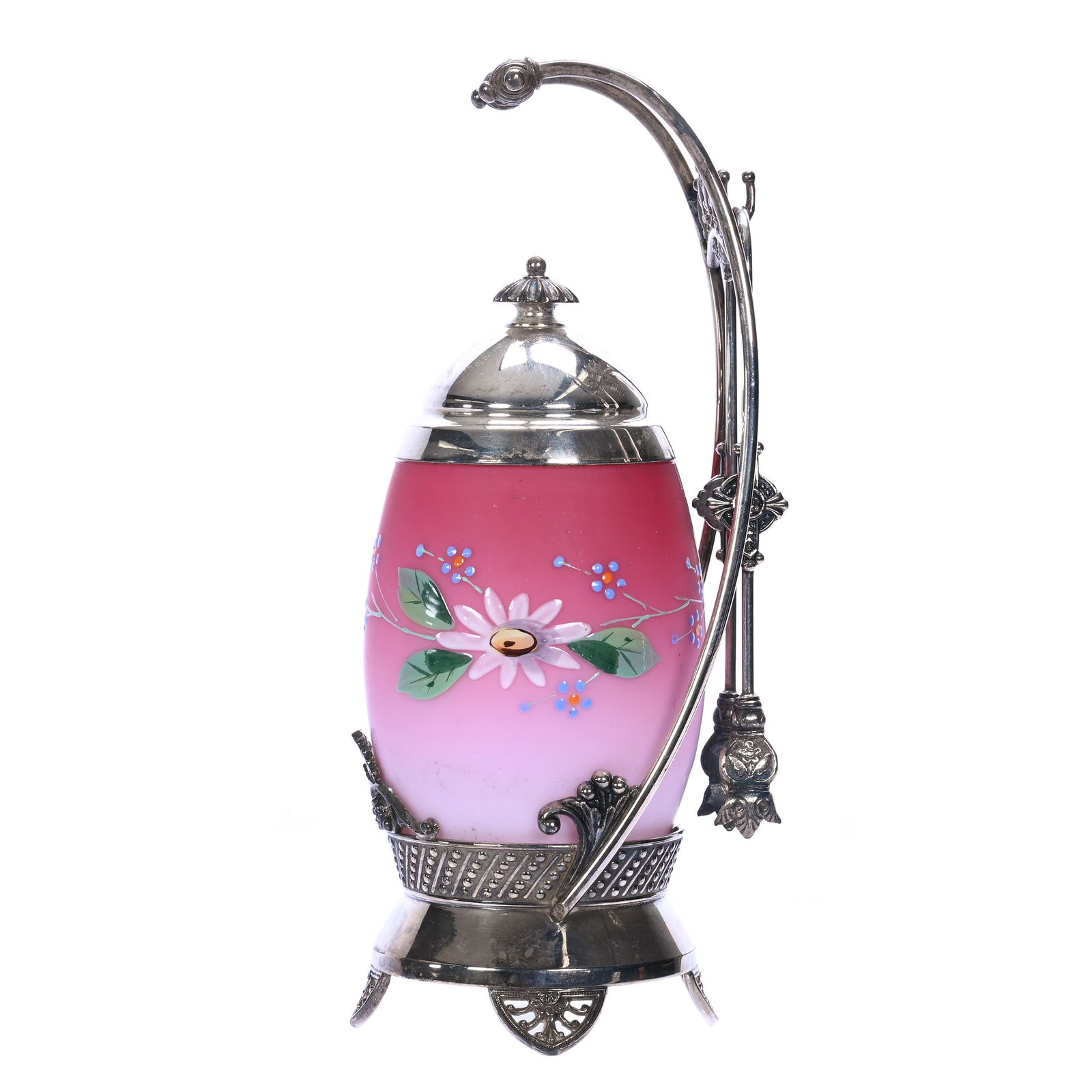 Victorian Pickle Castor, Pink Satin Art Glass Egg-Shaped Insert With Enamel Floral Decor (1 of 4)