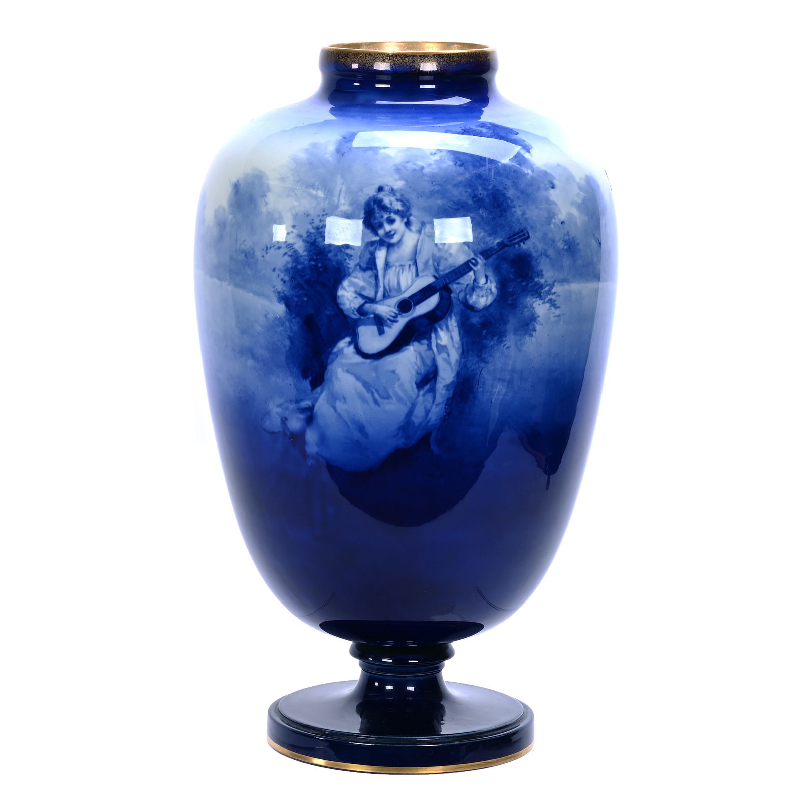 Massive Pedestal Vase, Marked Doulton Burslem: Massive Pedestal Vase, Marked Doulton Burslem, 21 x 12.5 x 12.5 Inches, Superb Flow Blue Babes In Woods Scenic Decor, Feature Young Woman Playing Guitar, One Of The Largest Vases Available, 22.6