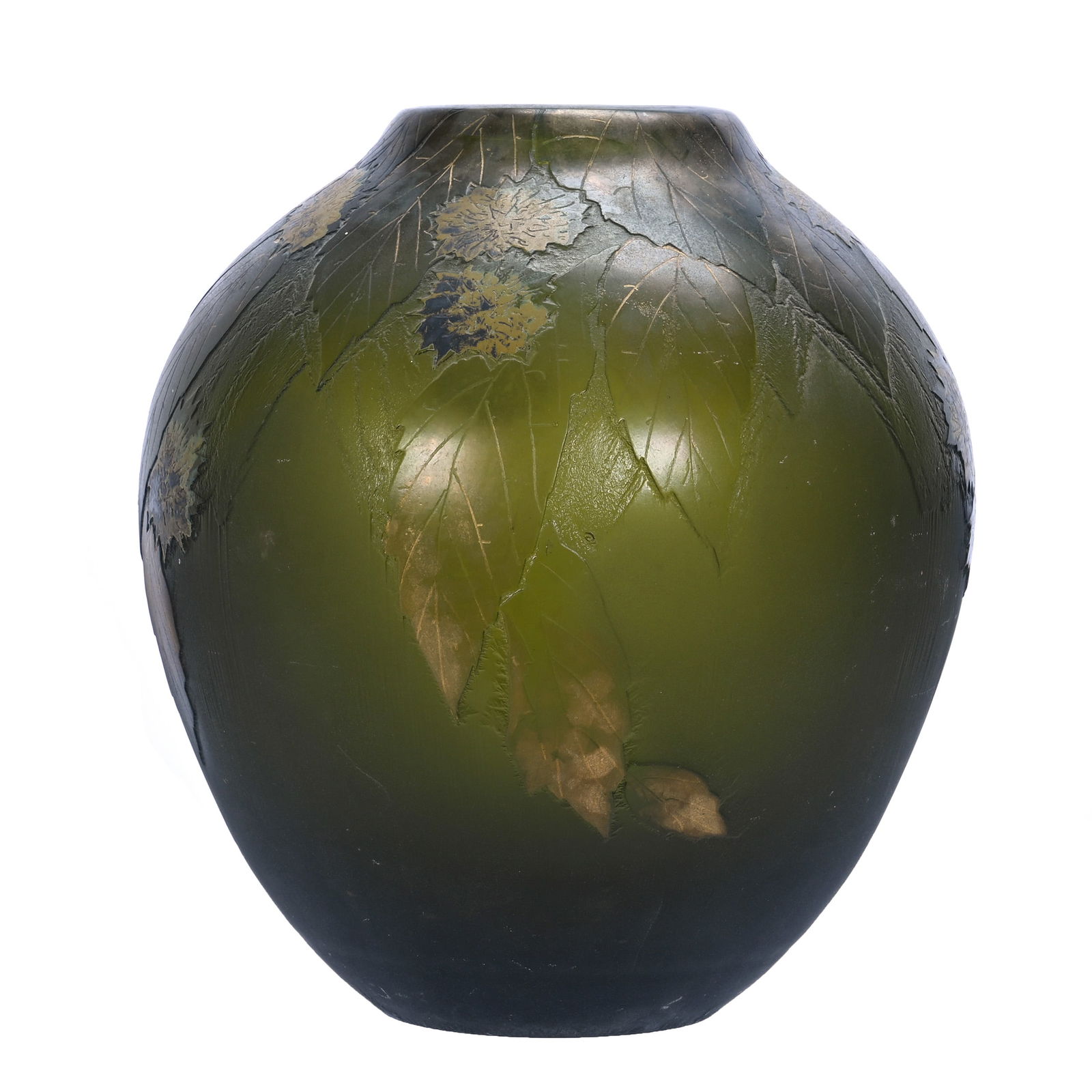 Vase, Signed Legras, French Cameo Art Glass: Vase, Signed Legras, French Cameo Art Glass, 9.75 x 8.5 x 8.5 Inches, Dark Green With Cameo Carved Leaf Design And Colored Highlights, Also Marked On Base "Made In France Exclusively For Paris Decorat
