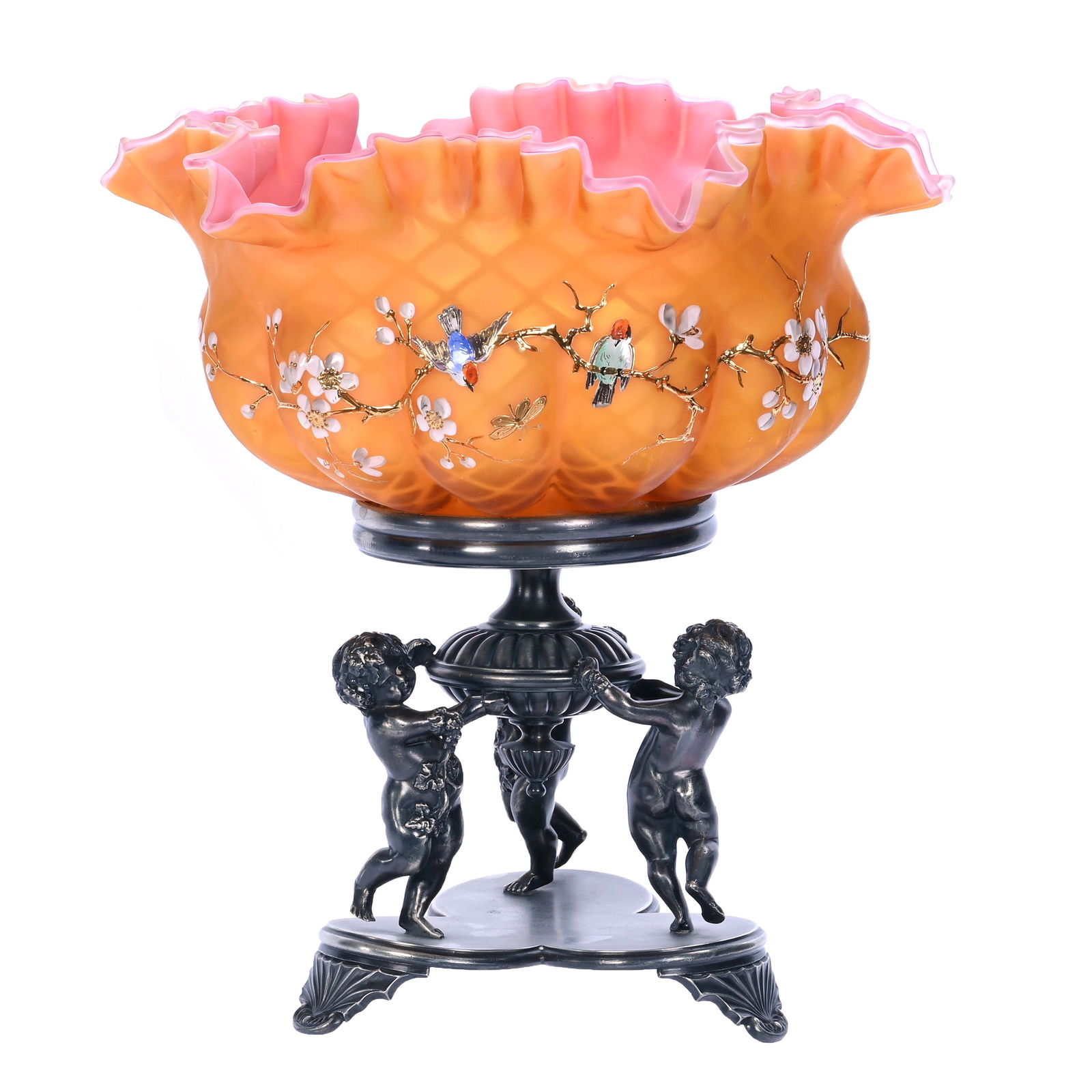 Victorian Brides Basket, Apricot, Satin, Diamond Quilted, Mother Of Pearl Art Glass Bowl With Pink (1 of 4)