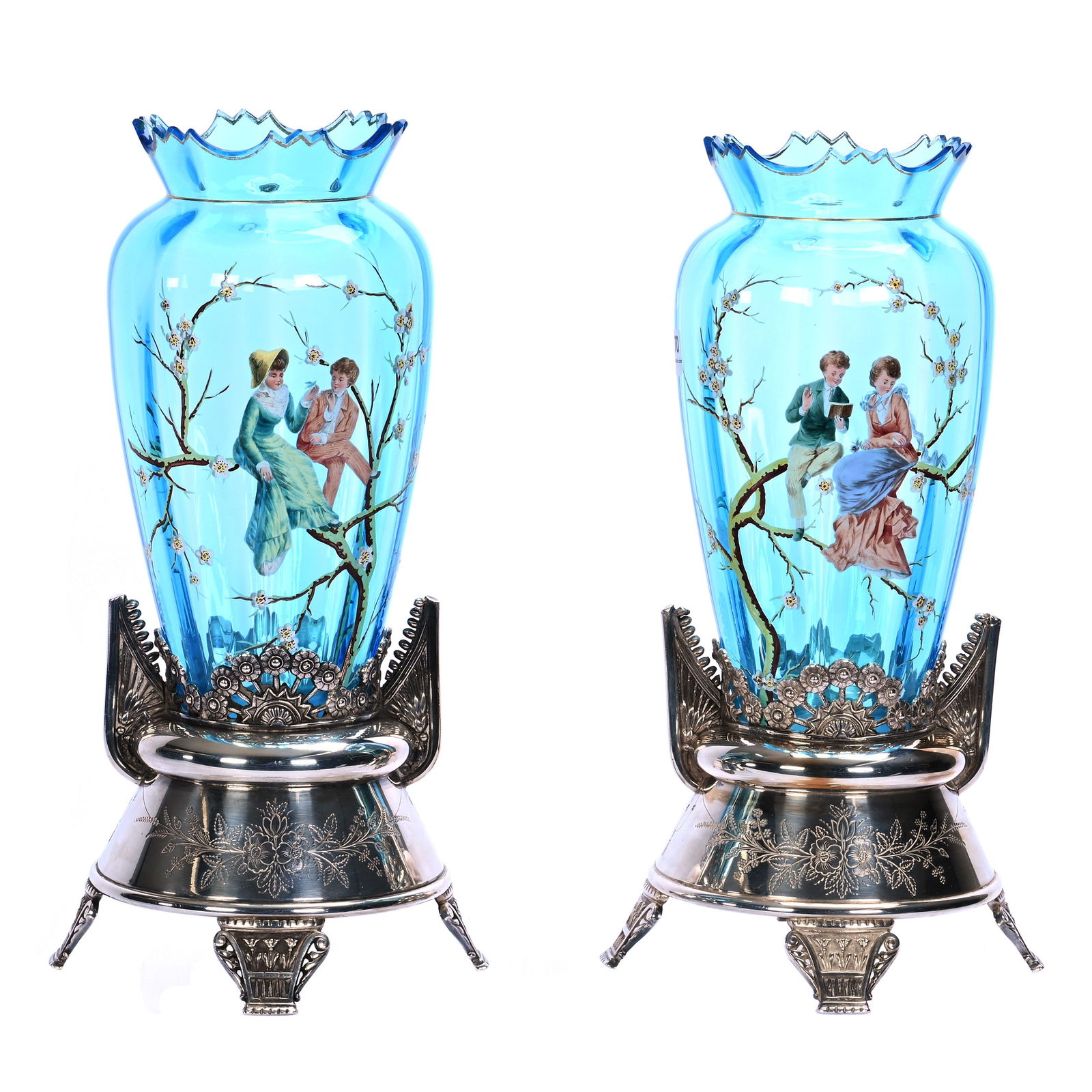 Pair Peg Vases, Blue Art Glass With Colorful Enamel Scene (1 of 3)