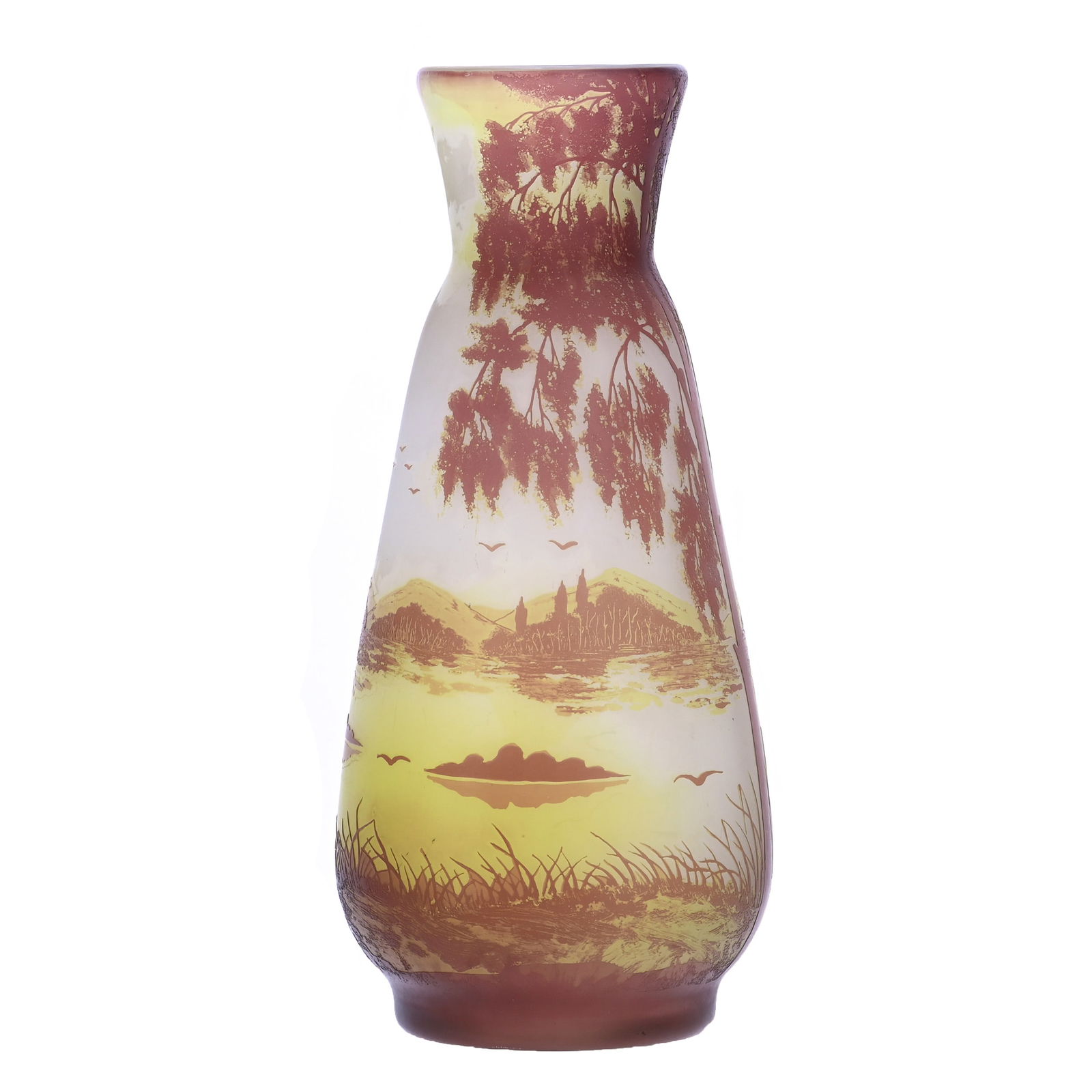 Vase, Signed Arsall, French Cameo Art Glass: Vase, Signed Arsall, French Cameo Art Glass, 13.75 x 6 x 5.25 Inches, White And Yellow Ground With Lavender Cameo Cut Back Overlay Of Lake, Mountain, Tree, And Bird Scenic Decor, Nice Example, 5.1